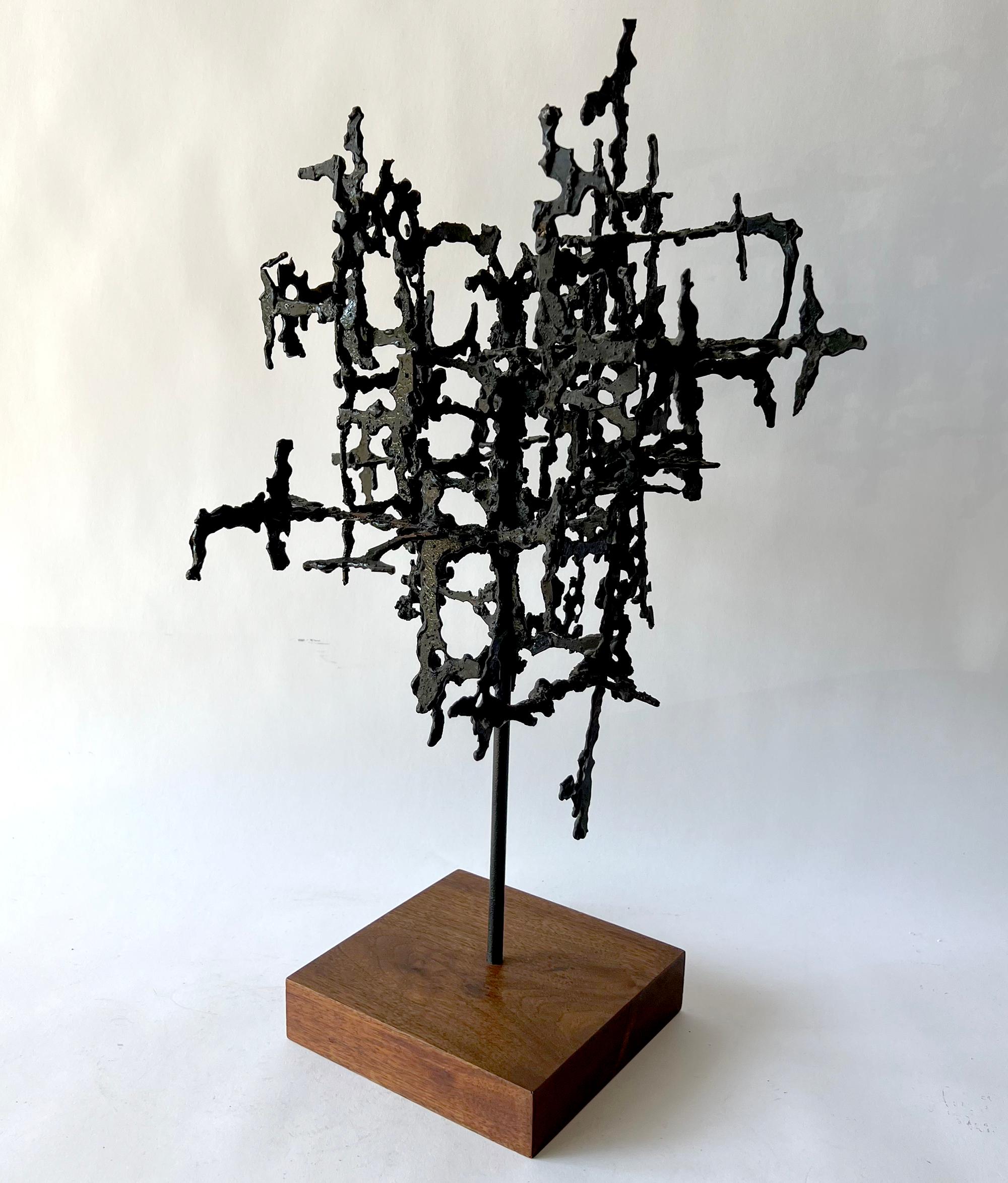Mid-Century Modern 1950s Abstract Modernist Painted Metal on Walnut Base Table Top Sculpture