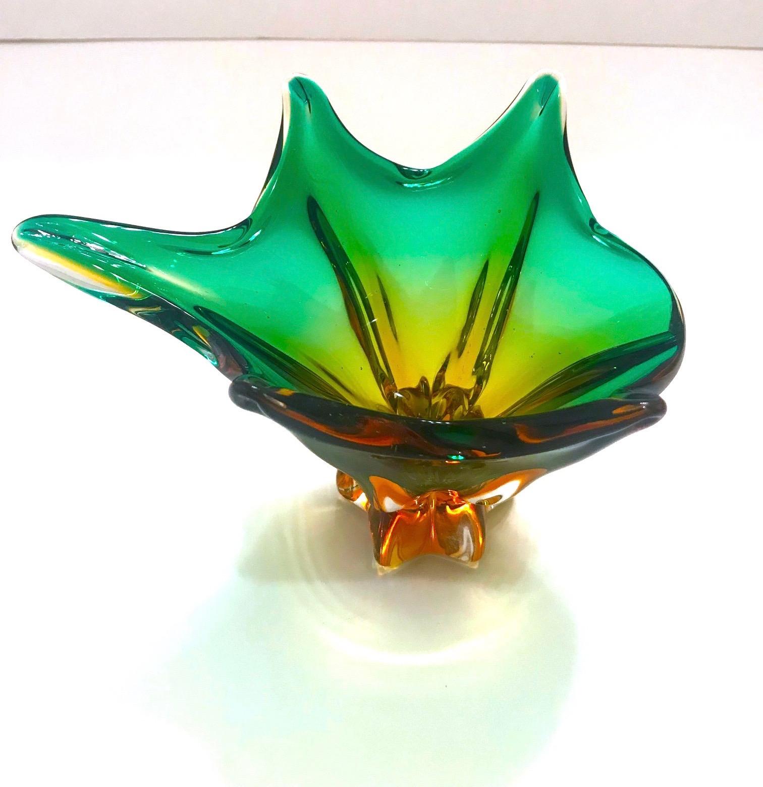 Mid-Century Modern 1950s Abstract Murano Sommerso Vase in Emerald and Amber Hues, Italy