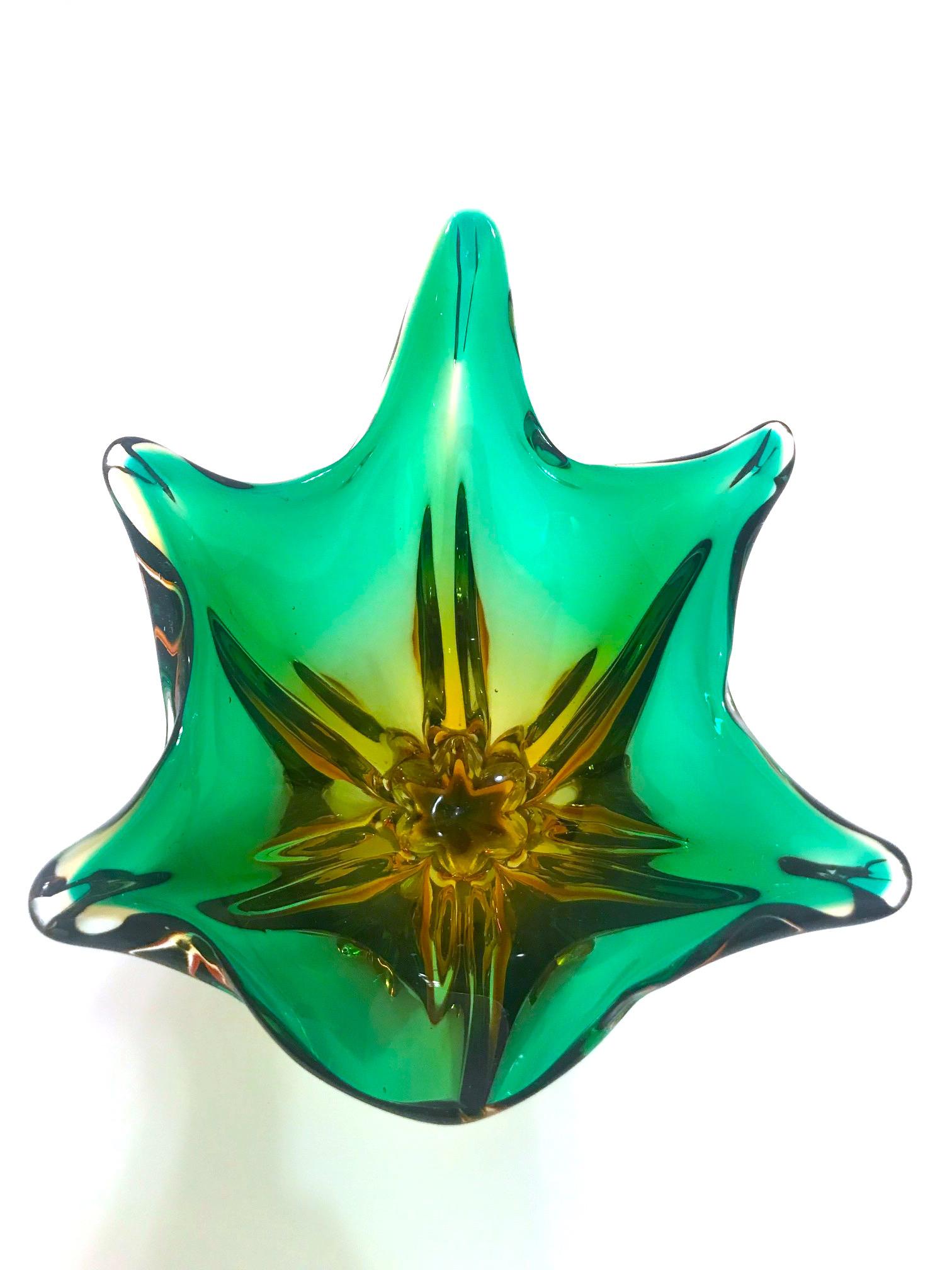 French 1950s Abstract Murano Sommerso Vase in Emerald and Amber Hues, Italy