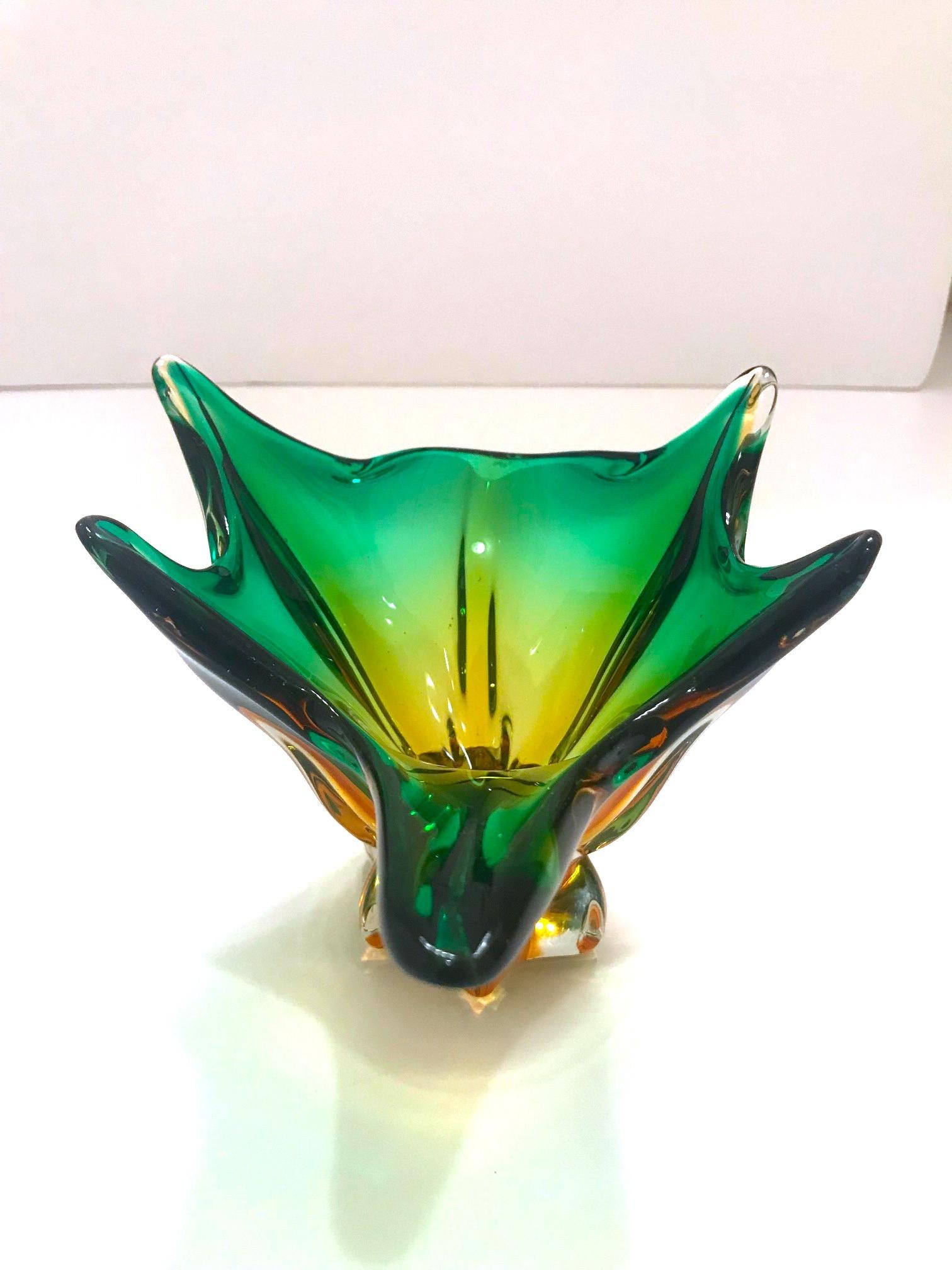 Hand-Crafted 1950s Abstract Murano Sommerso Vase in Emerald and Amber Hues, Italy