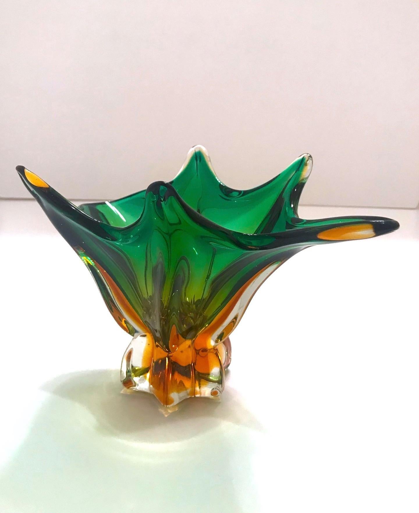 1950s Abstract Murano Sommerso Vase in Emerald and Amber Hues, Italy In Good Condition In Fort Lauderdale, FL