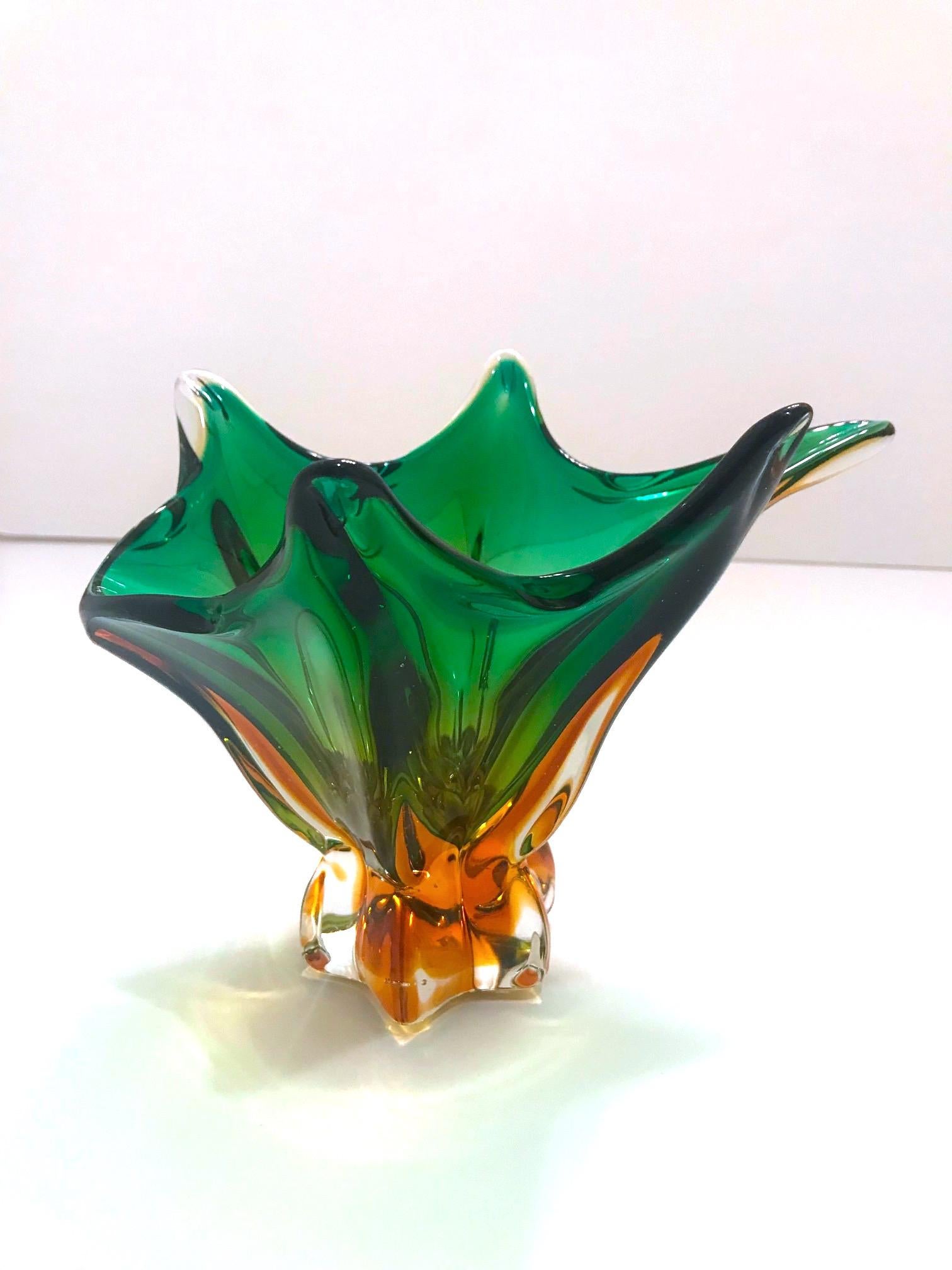Mid-20th Century 1950s Abstract Murano Sommerso Vase in Emerald and Amber Hues, Italy