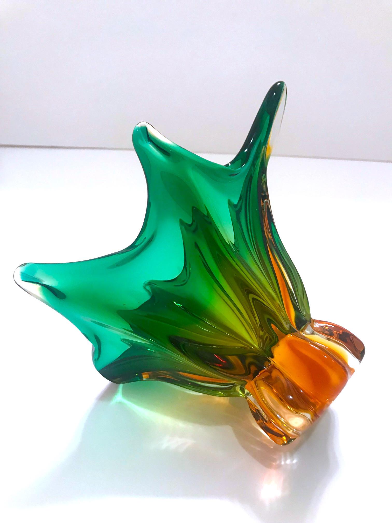 Art Glass 1950s Abstract Murano Sommerso Vase in Emerald and Amber Hues, Italy