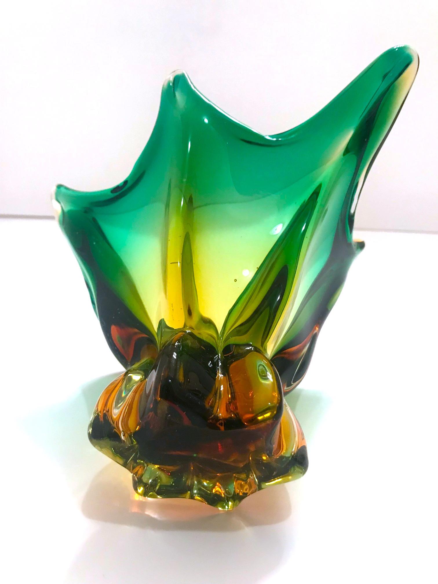 1950s Abstract Murano Sommerso Vase in Emerald and Amber Hues, Italy 1