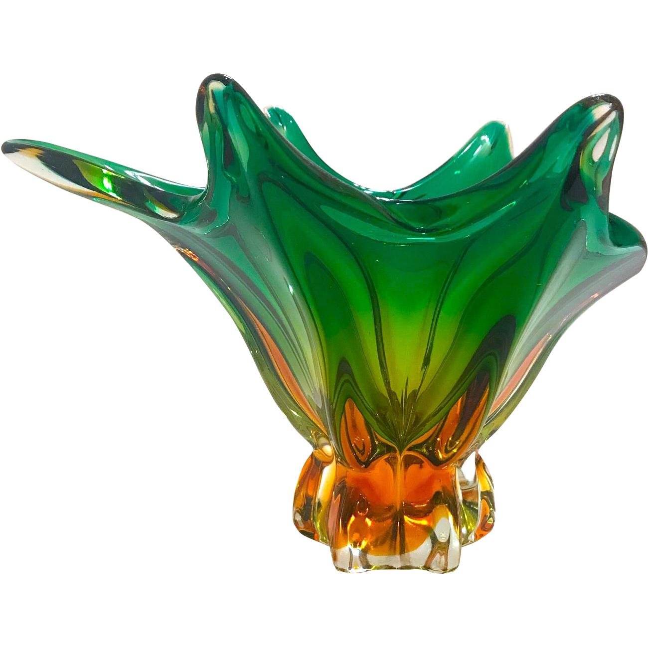 1950s Abstract Murano Sommerso Vase in Emerald and Amber Hues, Italy