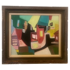 Vintage 1950
s Abstract Oil on Canvas Painting Signed