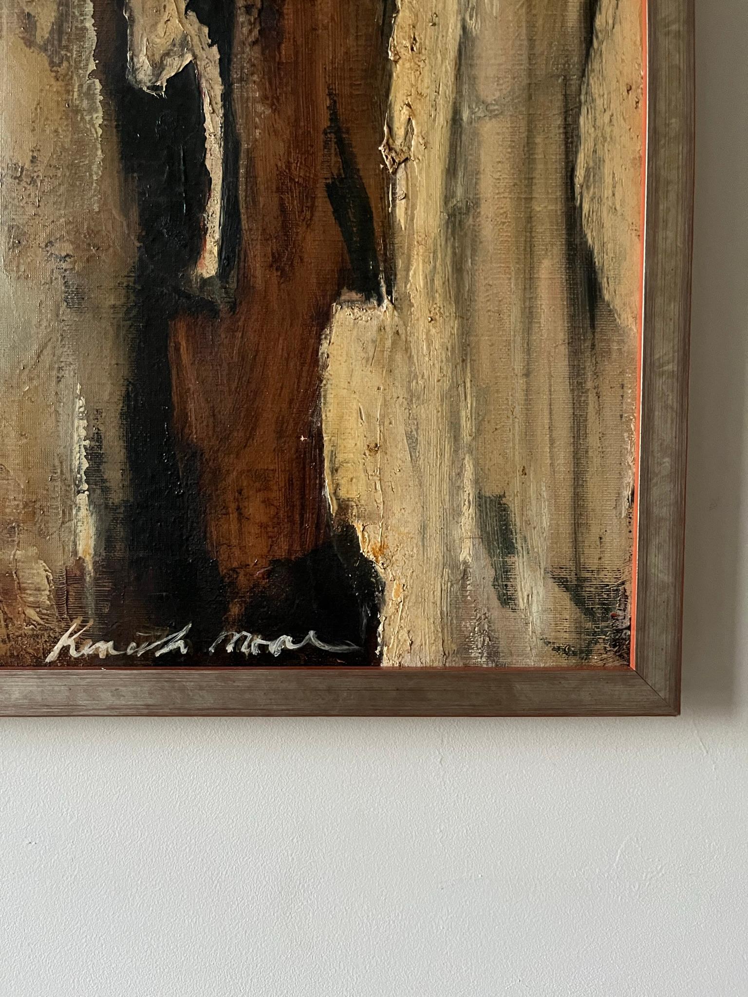 A striking tall abstract painting by the Australian artist Kenneth Moore. Re stretched and framed. Titled verso Ritual X, London 1959.