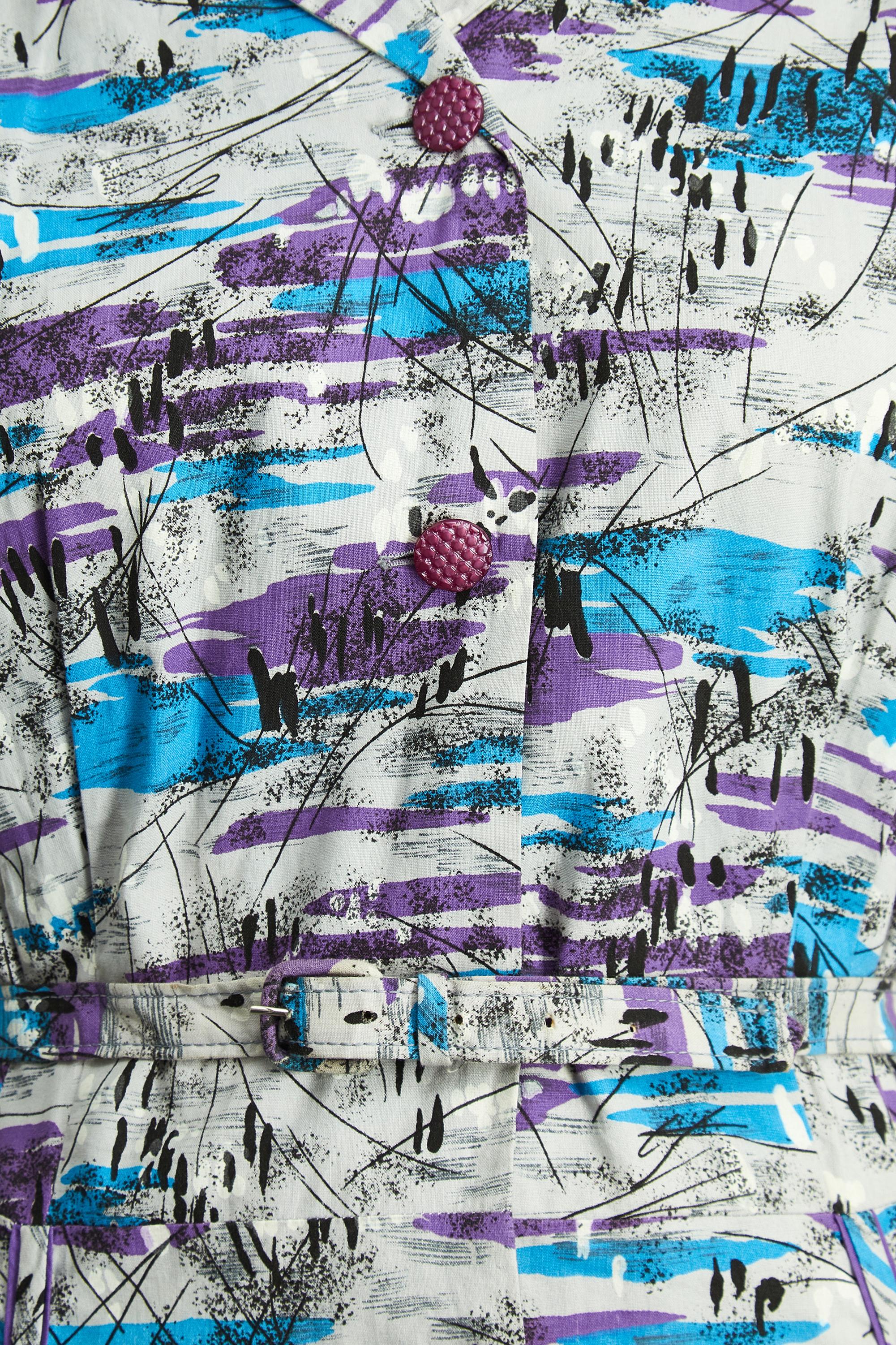 1950s Abstract Purple and Blue Cotton Shirt Dress In Excellent Condition For Sale In London, GB