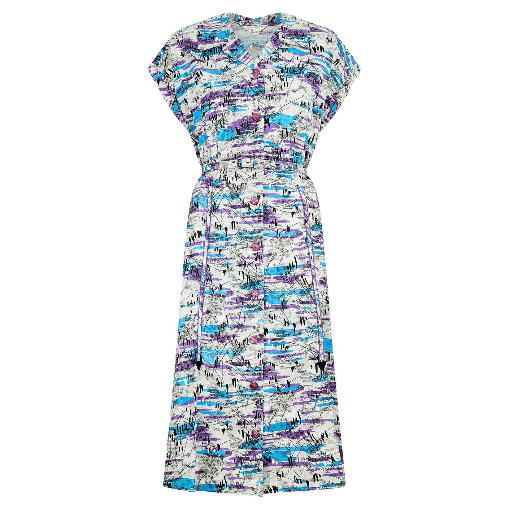 1950s Abstract Purple and Blue Cotton Shirt Dress