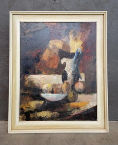 1950's Abstract Still Life Painting on Canvas with Original Frame