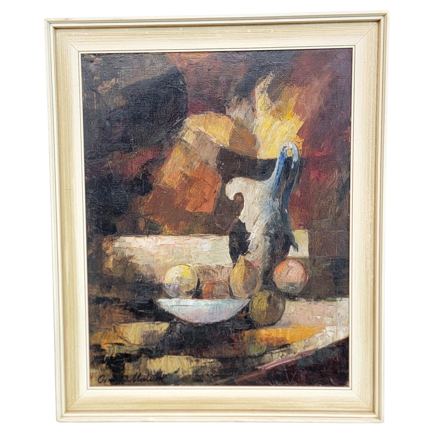 1950's Abstract Still Life Painting on Canvas with Original Frame