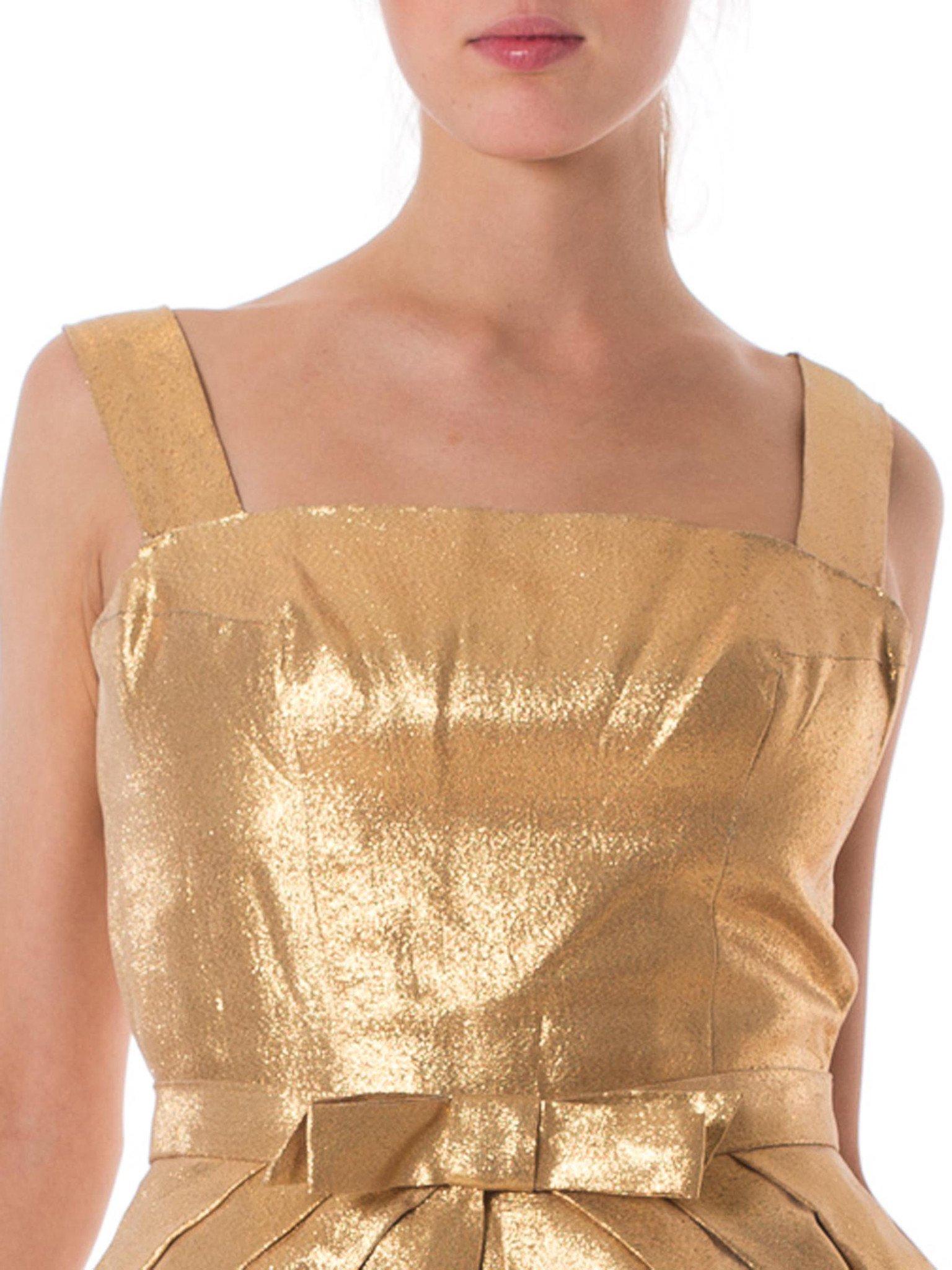 1950S Metallic Acetate & Lurex Gold Lamé Cocktail Dress With Detachable Peplum  In Excellent Condition For Sale In New York, NY