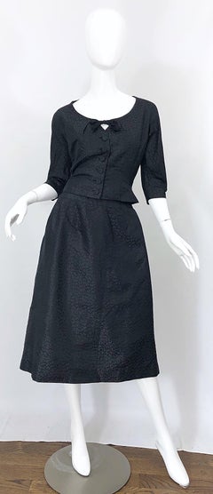 1950s Adele Simpson Black Silk Two Piece Fit n' Flare Vintage 50s Dress Set Suit