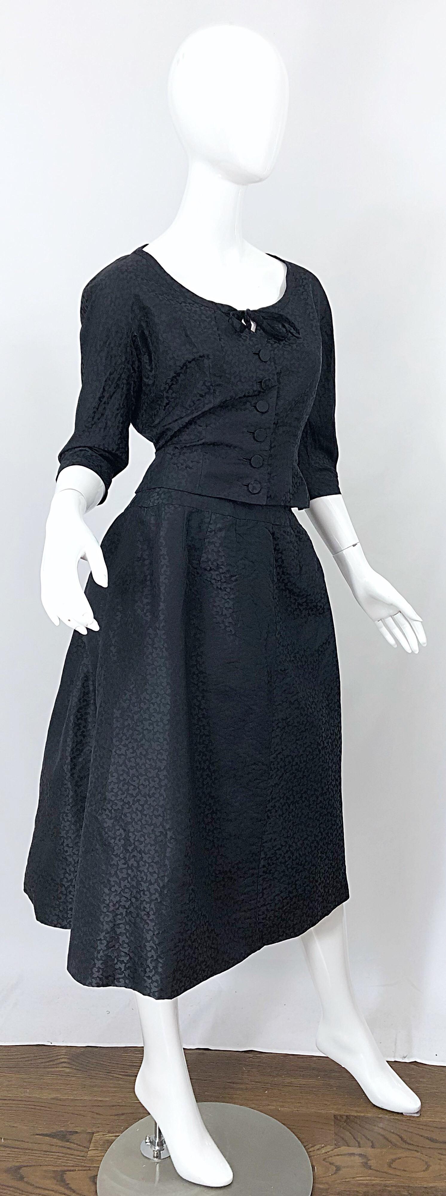 1950s Adele Simpson Black Silk Two Piece Fit n' Flare Vintage 50s 