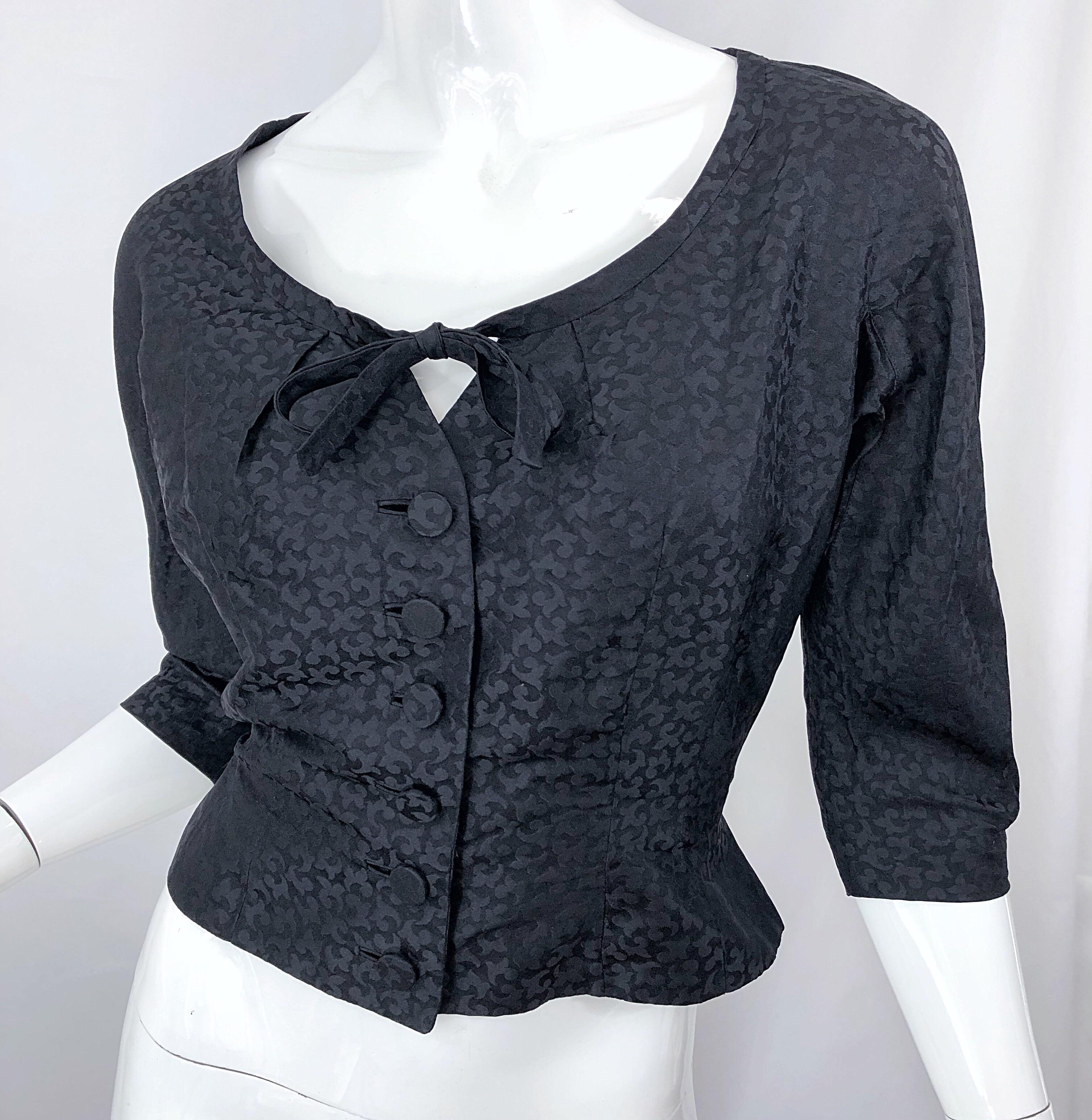 Adele Simpson - Robe et veste en soie noire vintage, coupe ajustée et évasée, années 1950 en vente 1