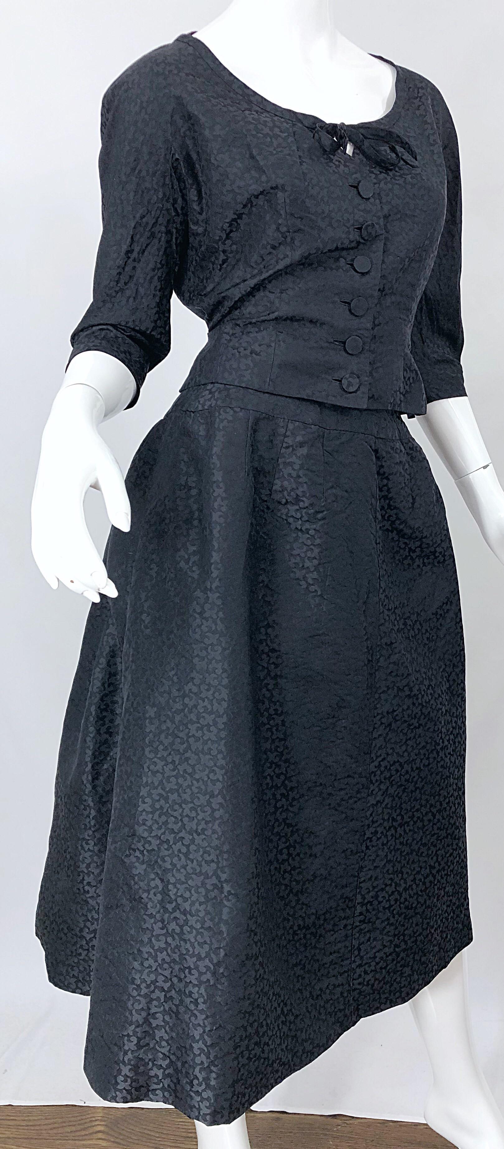 Women's 1950s Adele Simpson Black Silk Two Piece Fit n' Flare Vintage 50s Dress Set Suit For Sale