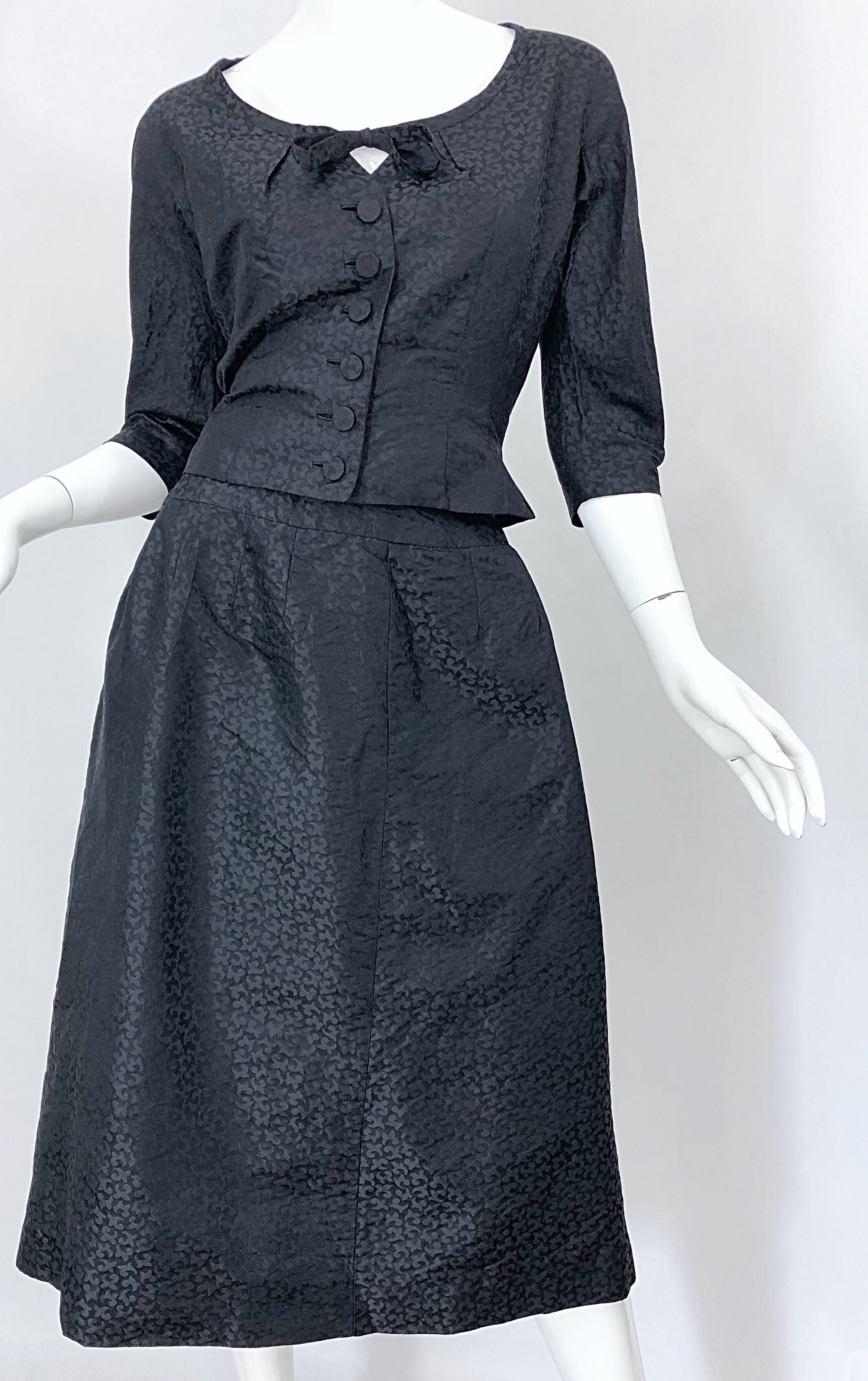 1950s Adele Simpson Black Silk Two Piece Fit n' Flare Vintage 50s Dress Set Suit For Sale 1