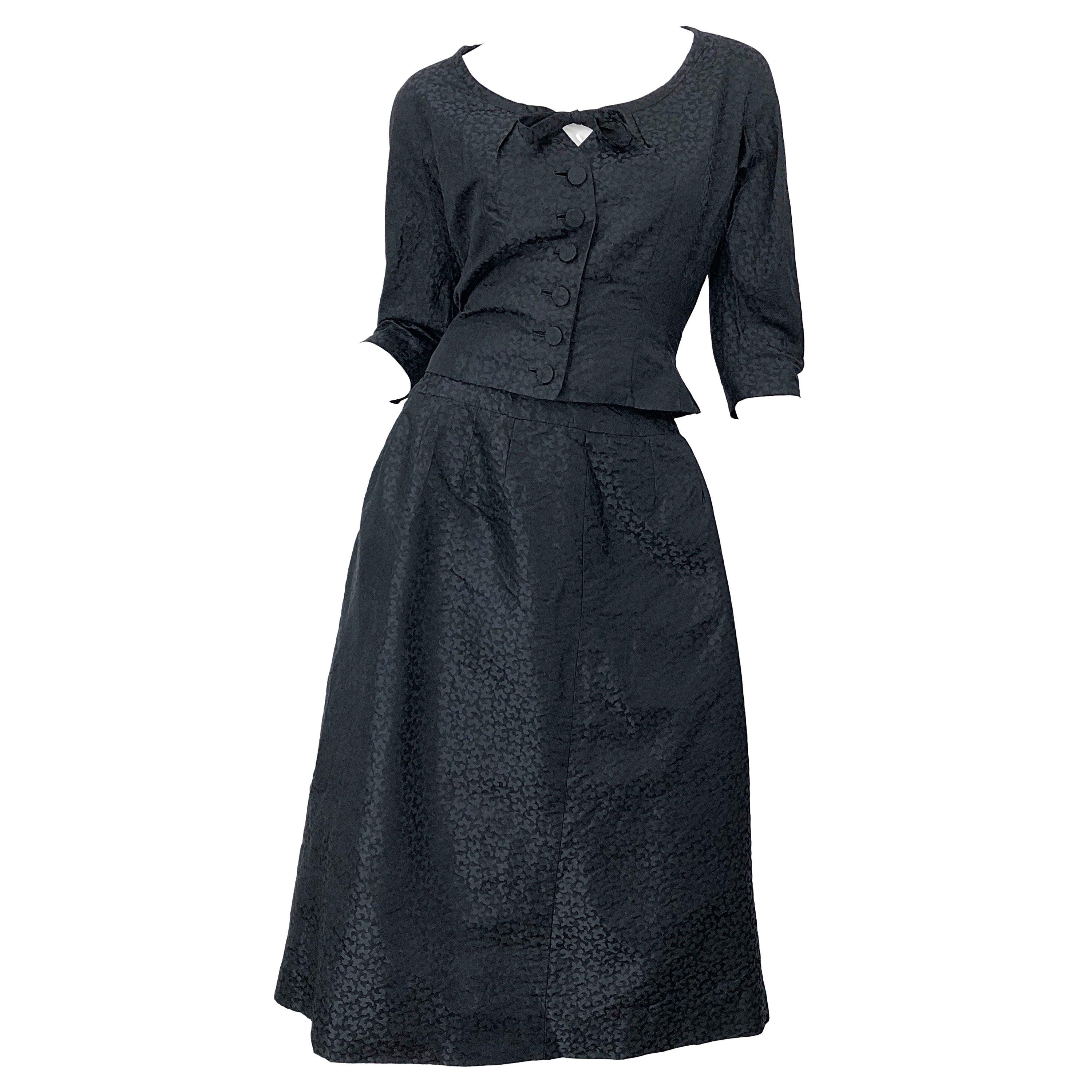1950s Adele Simpson Black Silk Two Piece Fit n' Flare Vintage 50s Dress Set Suit