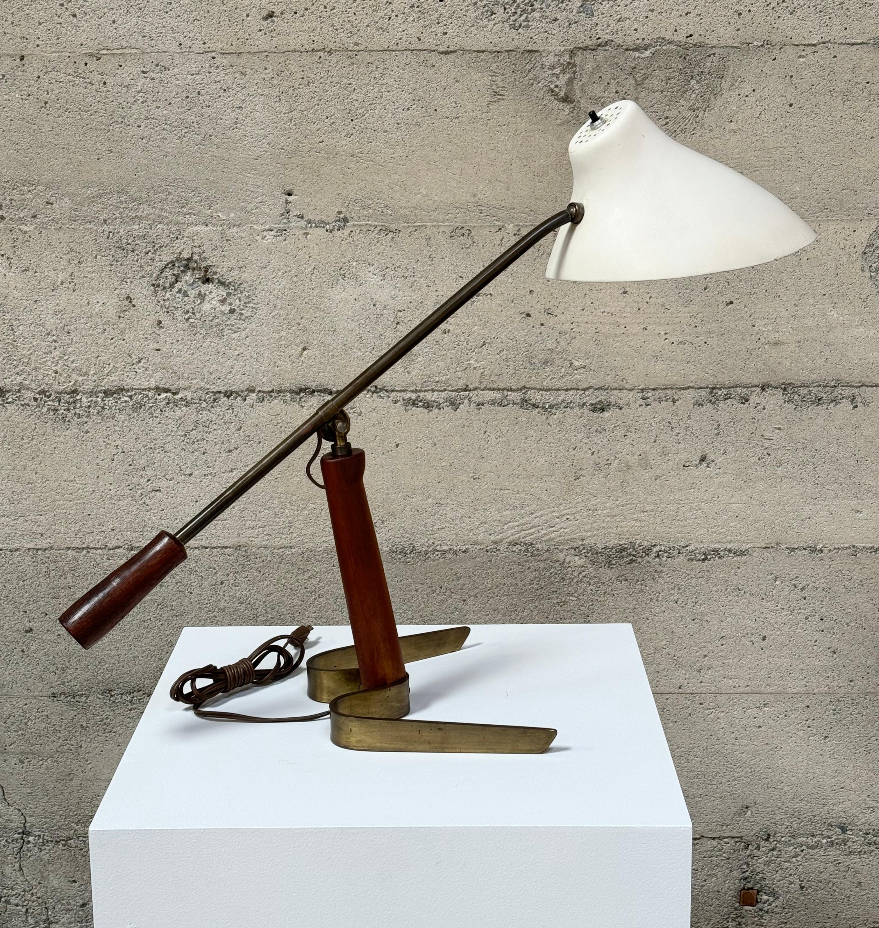 Hand-Crafted 1950s Adjustable Dutch Table Lamp in Wood, Brass and Fiberglass
