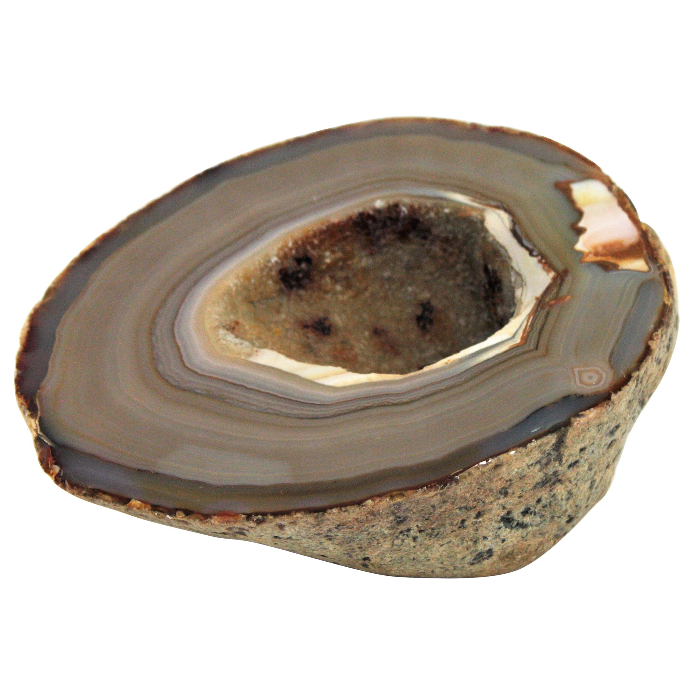 1950s Agate Geode Stone Bowl, Paperweight or Book Holder