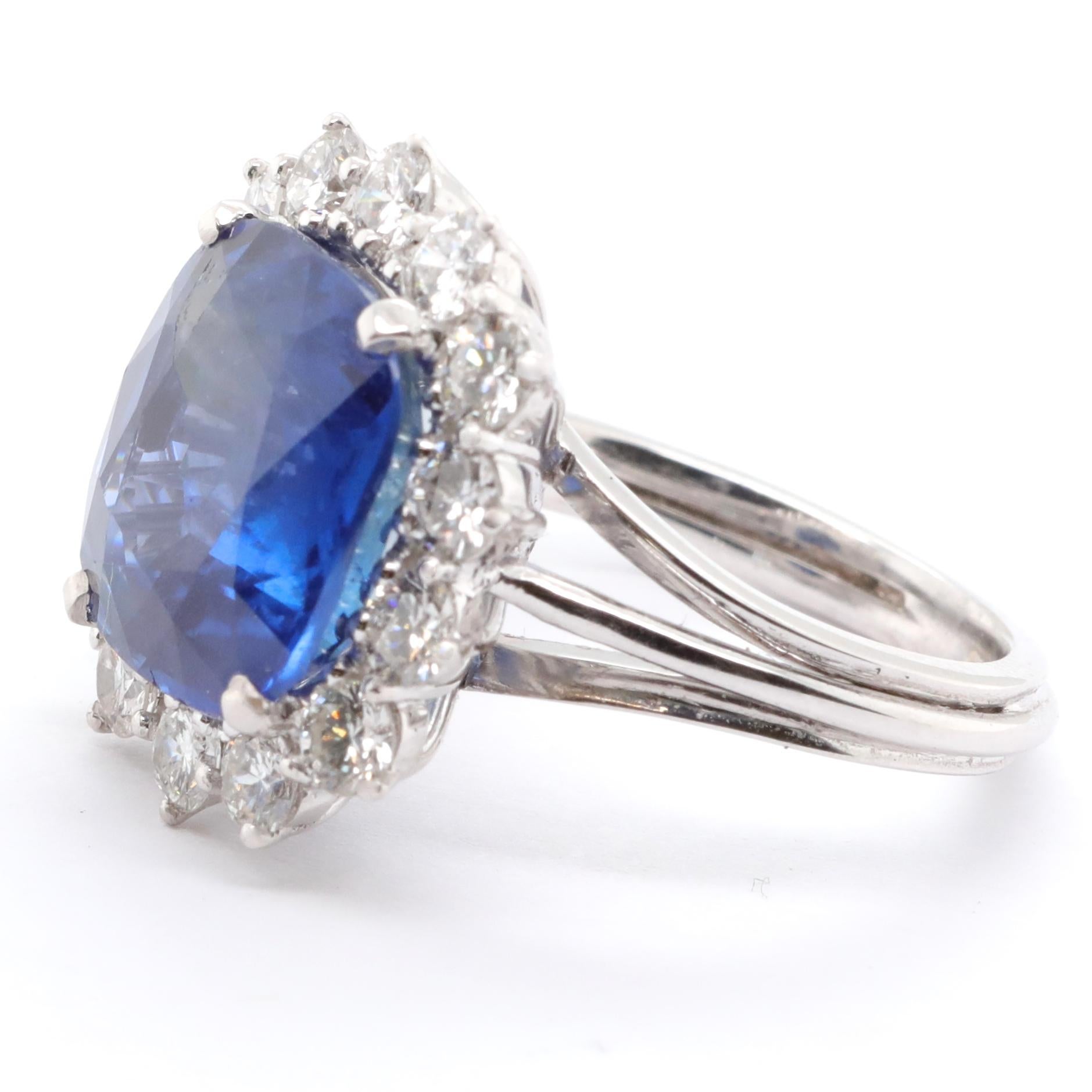 Cushion Cut 1950s AGL 9.75 Carat Ceylon No Heat Sapphire Diamond 18 Karat Gold Ring