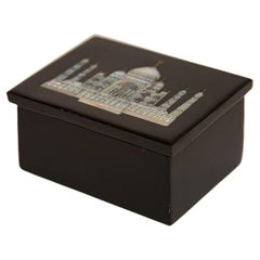 Used 1950's Agra India Black Marble Box with The Taj Mahal in Mother of Pearl Inlaid
