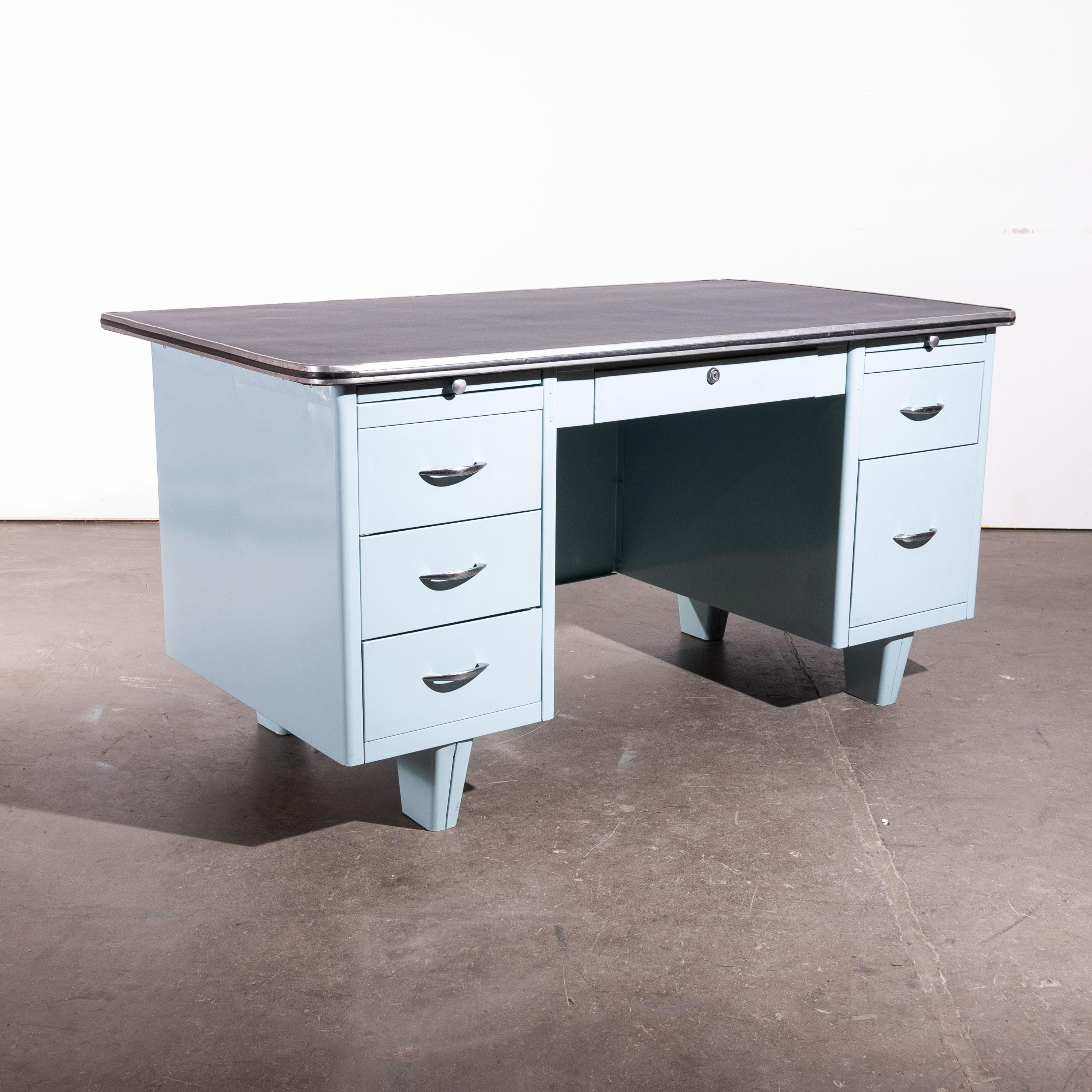 1950s Air Force Blue Metal Desk with Linoleum Top In Good Condition In Hook, Hampshire