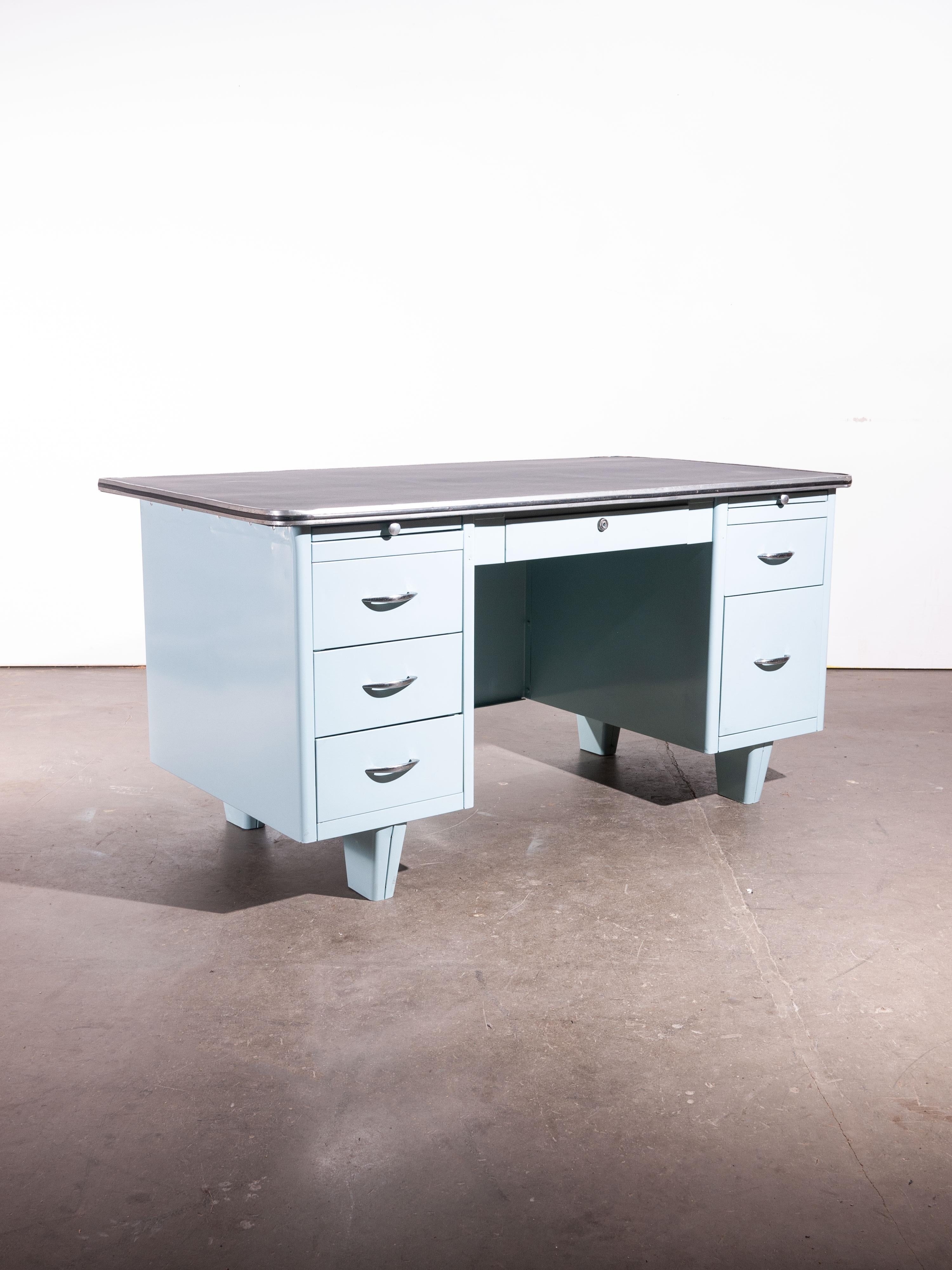 Mid-20th Century 1950s Air Force Blue Metal Desk with Linoleum Top