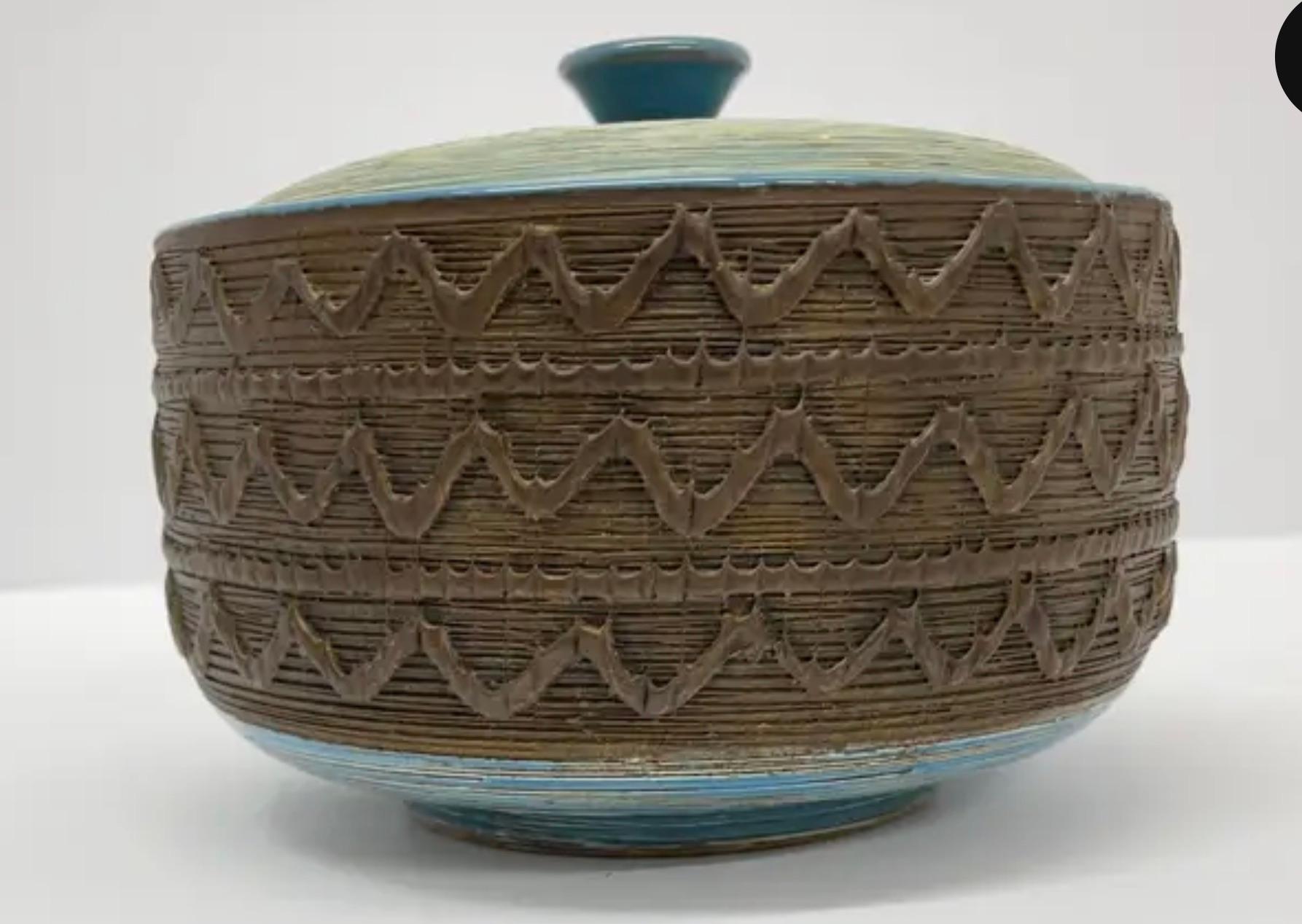 1950 Aldo Londi Bitossi Cuenco de cerámica azul Rímini con tapa Al fuego en venta