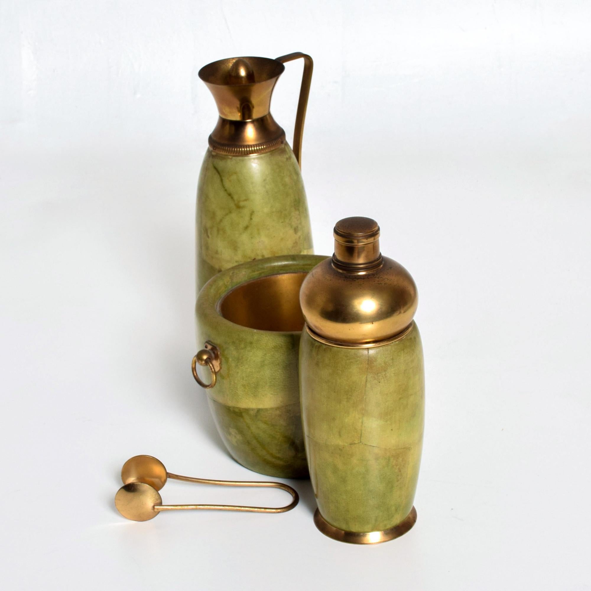 Italian 1950s Aldo Tura Macabo Bar Set Goatskin & Brass Ice Bucket Carafe + Shaker ITALY