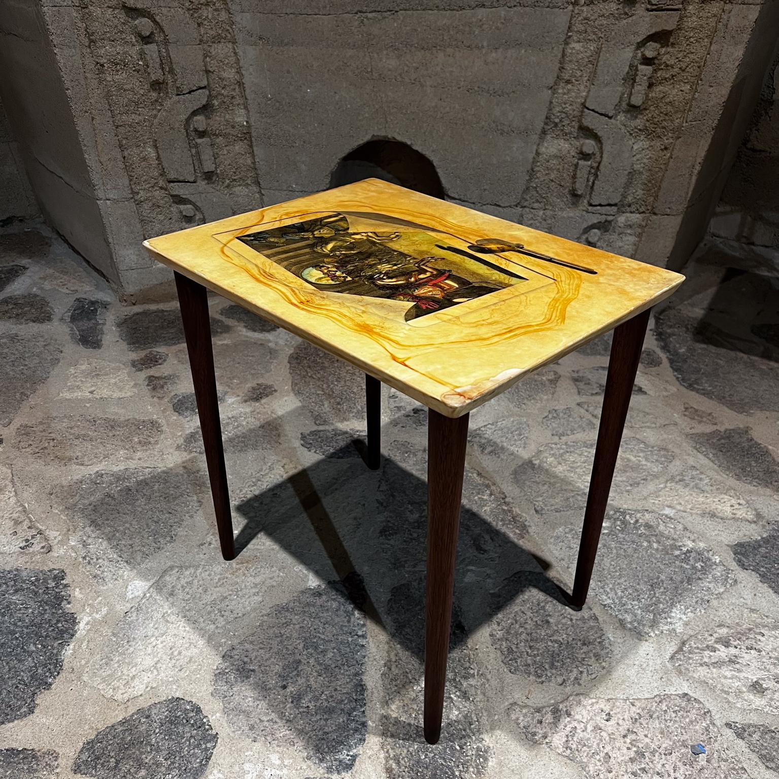  1950s Aldo Tura Fornasetti Art Side Table Goatskin Mahogany Italy In Good Condition For Sale In Chula Vista, CA
