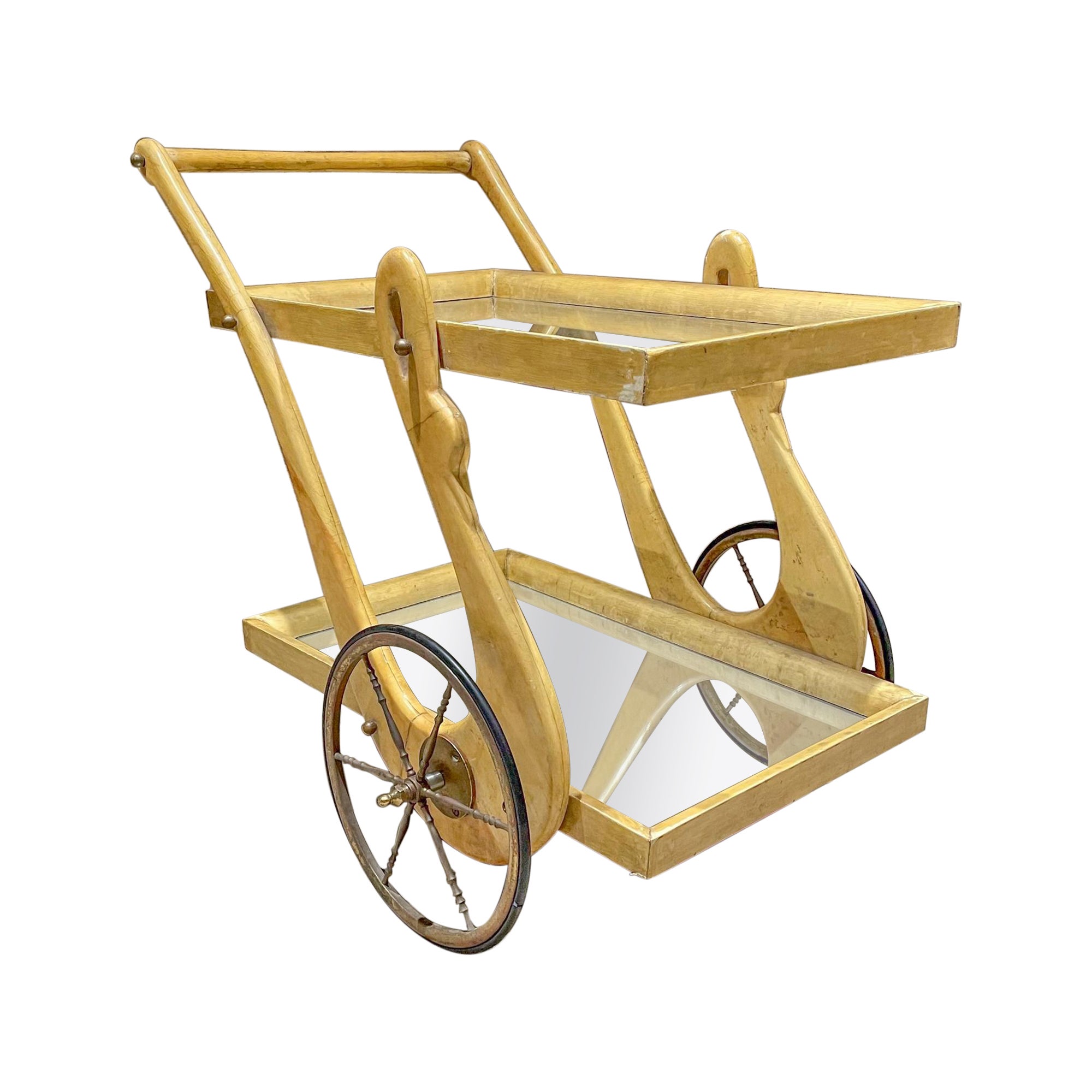 Chariot de service Swan en peau de chèvre et laiton, Aldo Tura, Italie, années 1950 en vente