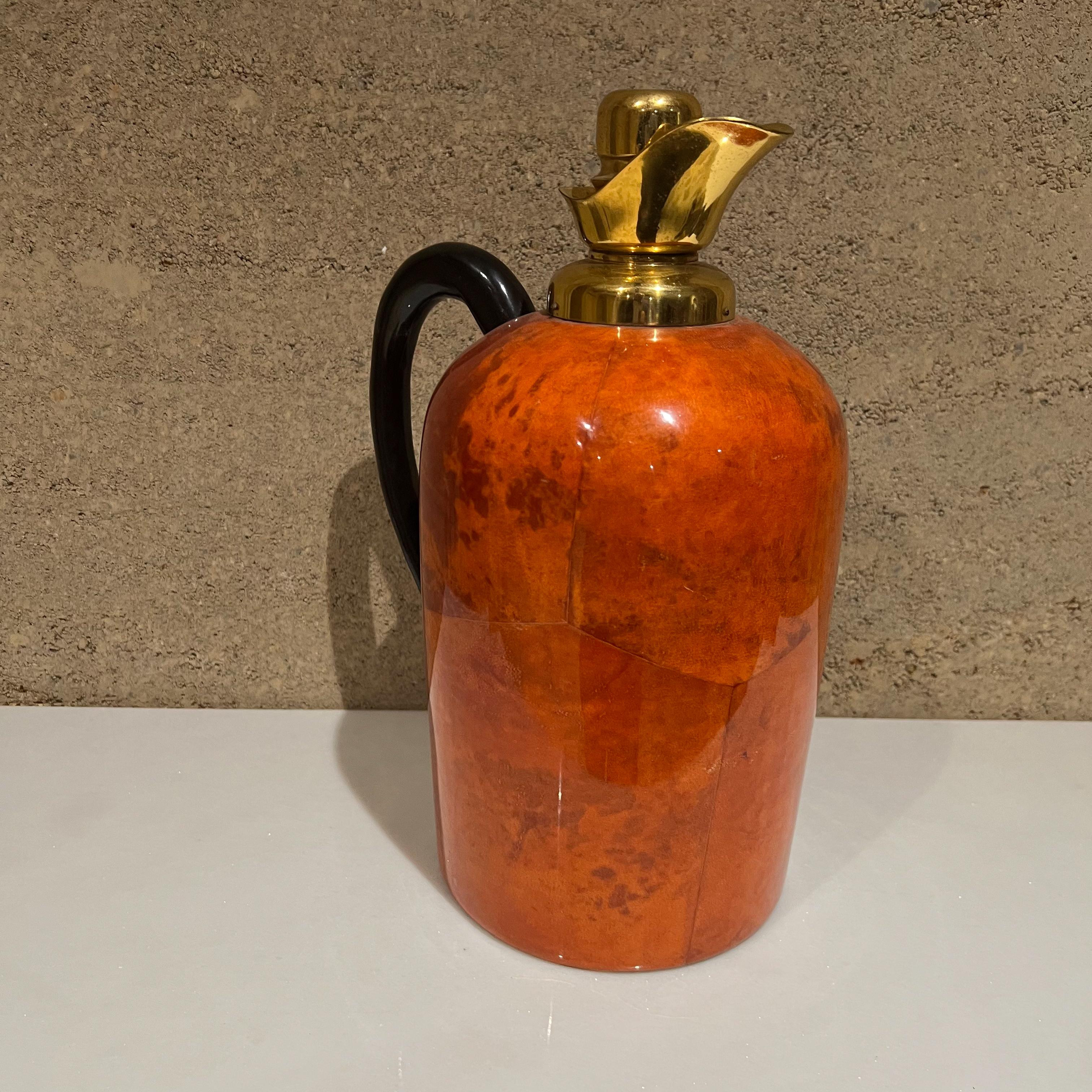 Italian 1950s Aldo Tura Macabo Fancy Red Thermos Pitcher Carafe Goatskin & Brass For Sale