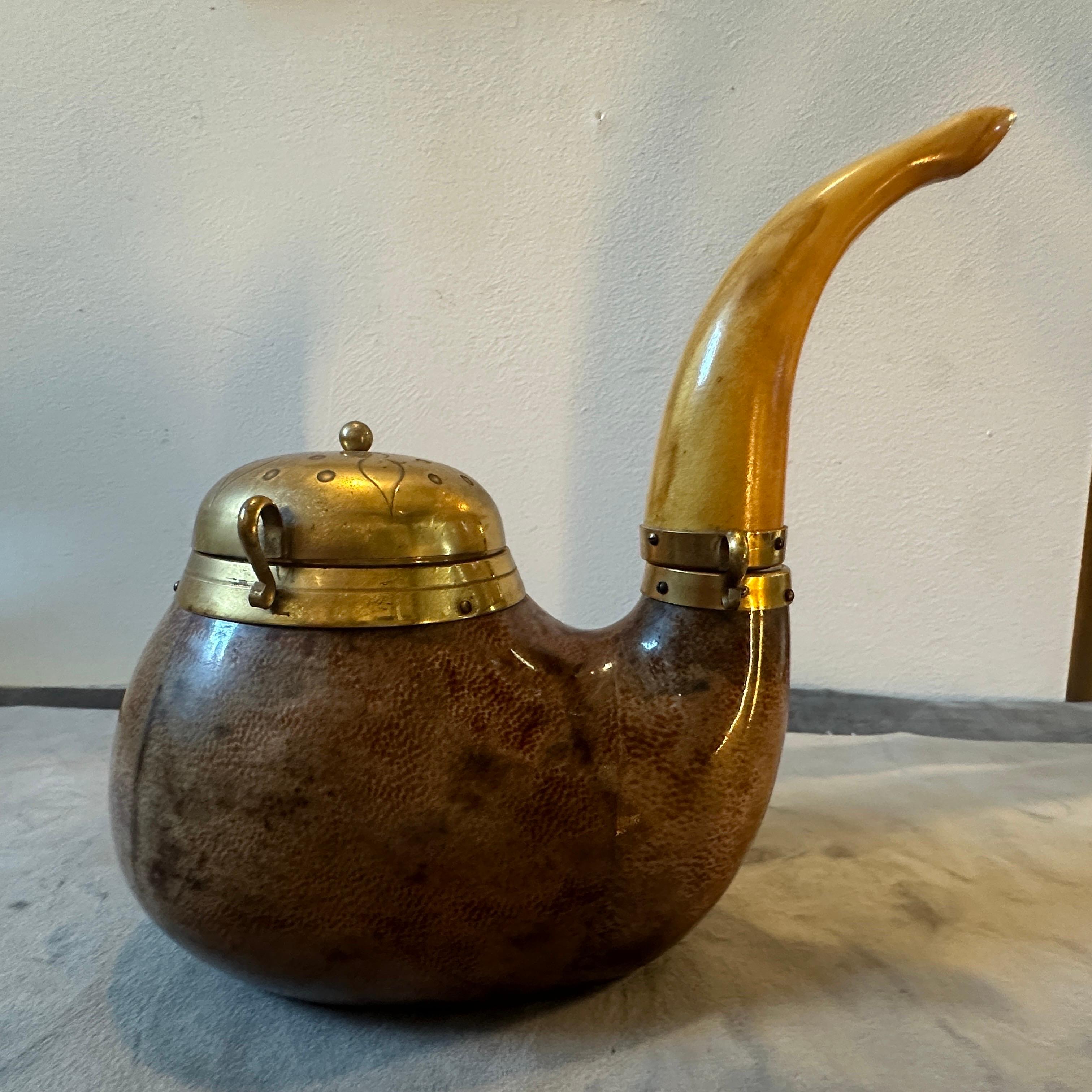 Italian 1950s Aldo Tura Mid-Century Modern Goatskin and Brass Pipe Shaped Tobacco Box For Sale