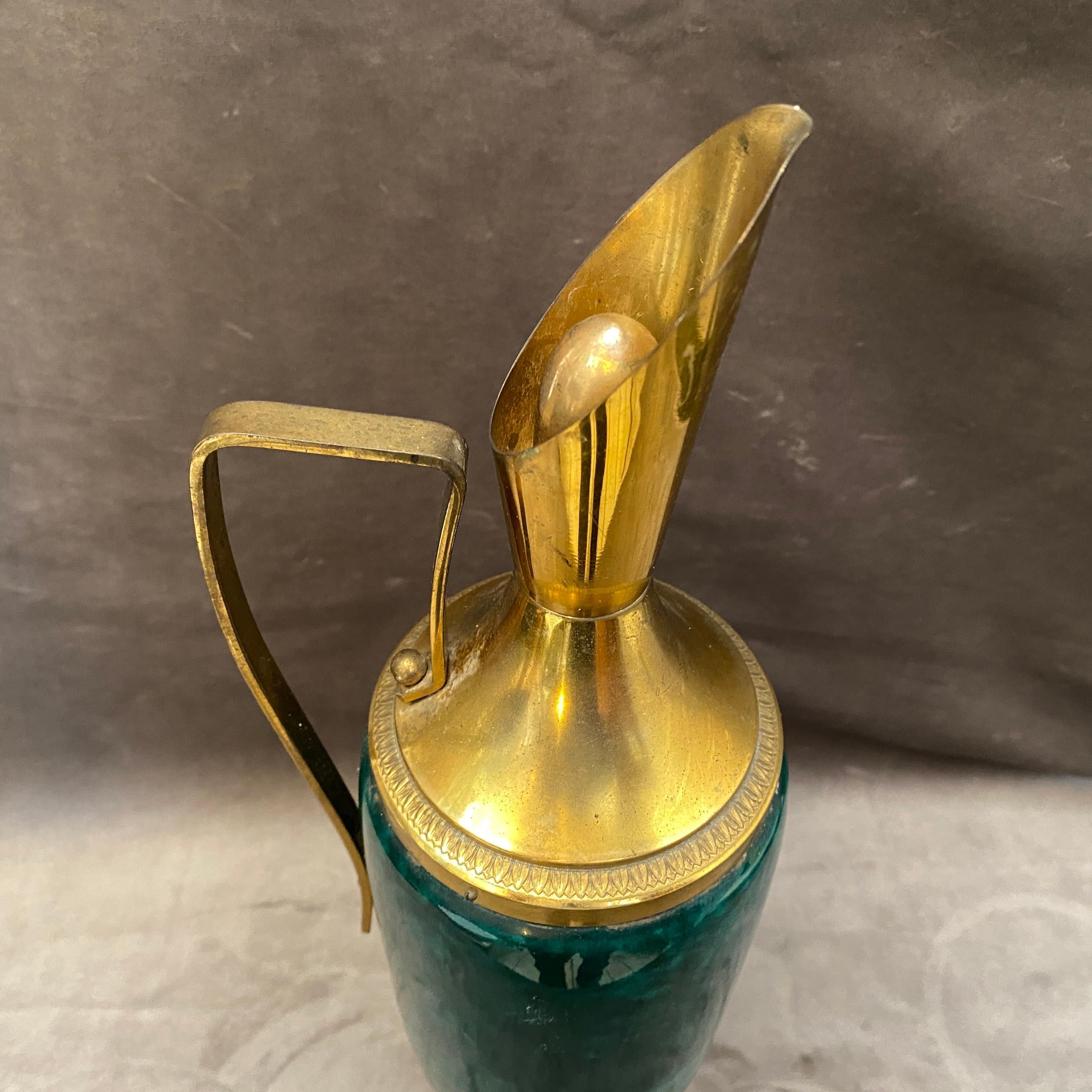 Hand-Crafted 1950s Aldo Tura Mid-Century Modern Green Goatskin and Brass Carafe