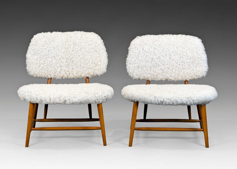 Mid-Century Modern 1950's Alf Svensson ''Teve'' Lounge Chairs in Beech and Sheepskin For Sale