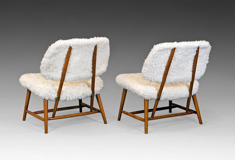 European 1950's Alf Svensson ''Teve'' Lounge Chairs in Beech and Sheepskin For Sale