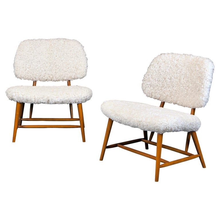 1950's Alf Svensson ''Teve'' Lounge Chairs in Beech and Sheepskin For Sale