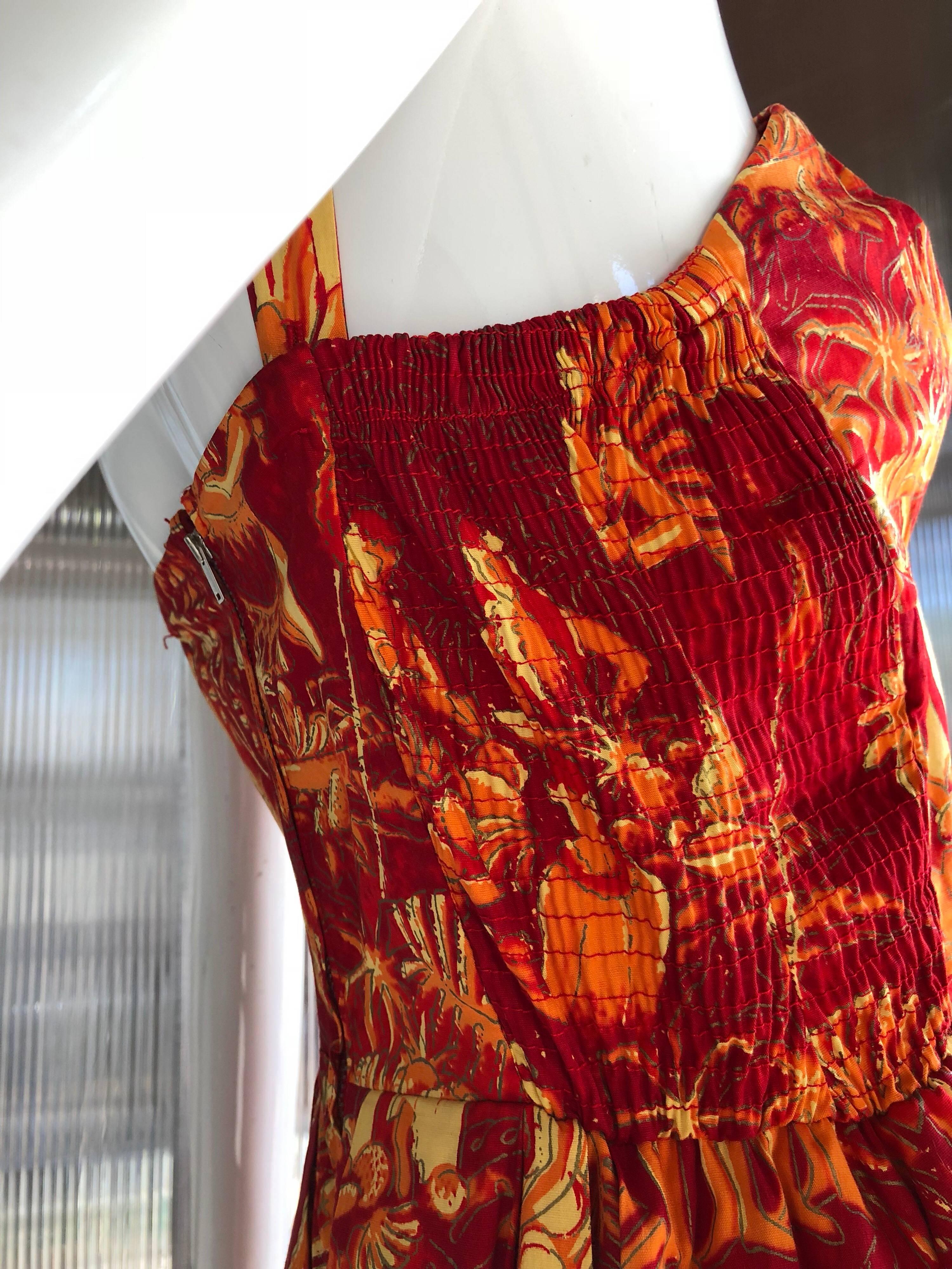 1950s Alfred Shaheen Red Orange and Yellow Cotton Sundress W/ Tiki Print In Excellent Condition For Sale In Gresham, OR