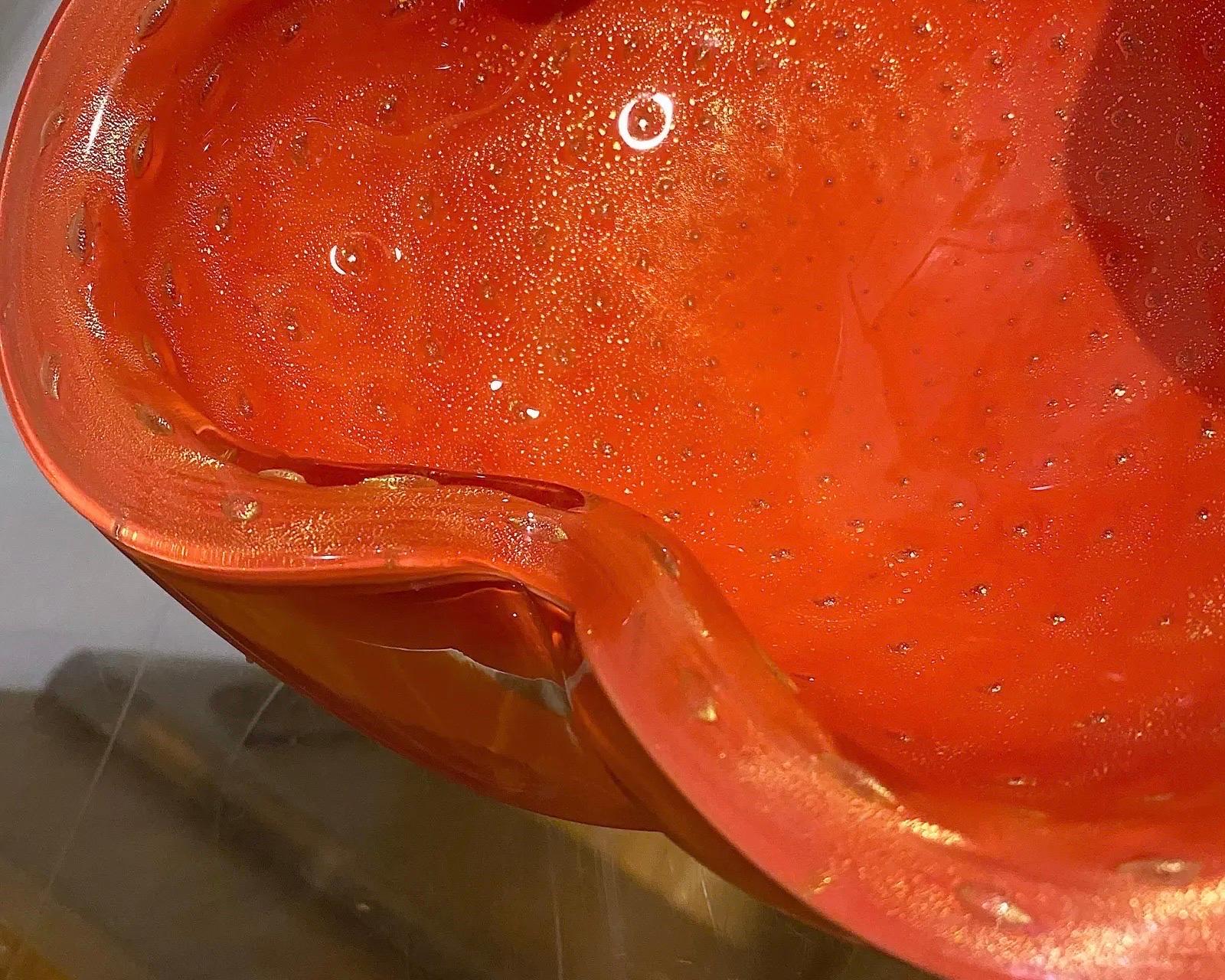 Italian 1950s Alfredo Barbini Murano Orange Cased Gold Flecks Bowl For Sale