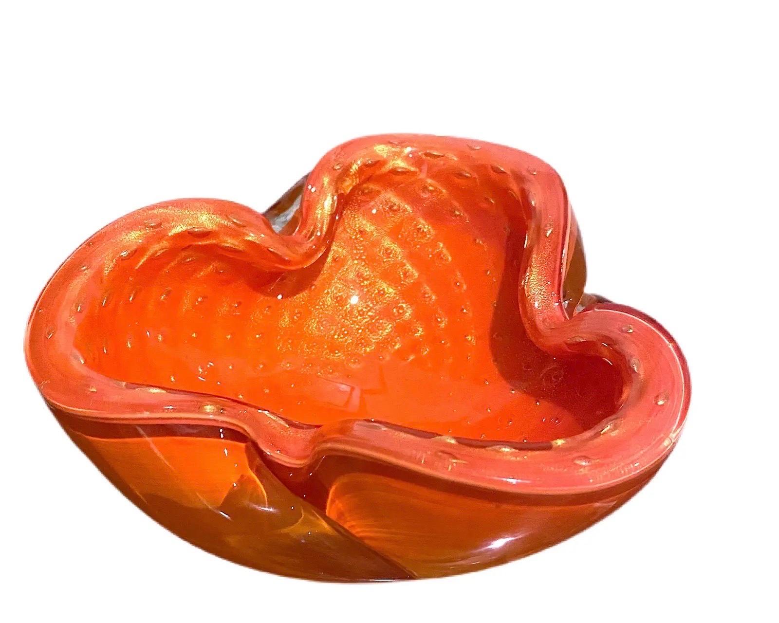 20th Century 1950s Alfredo Barbini Murano Orange Cased Gold Flecks Bowl For Sale