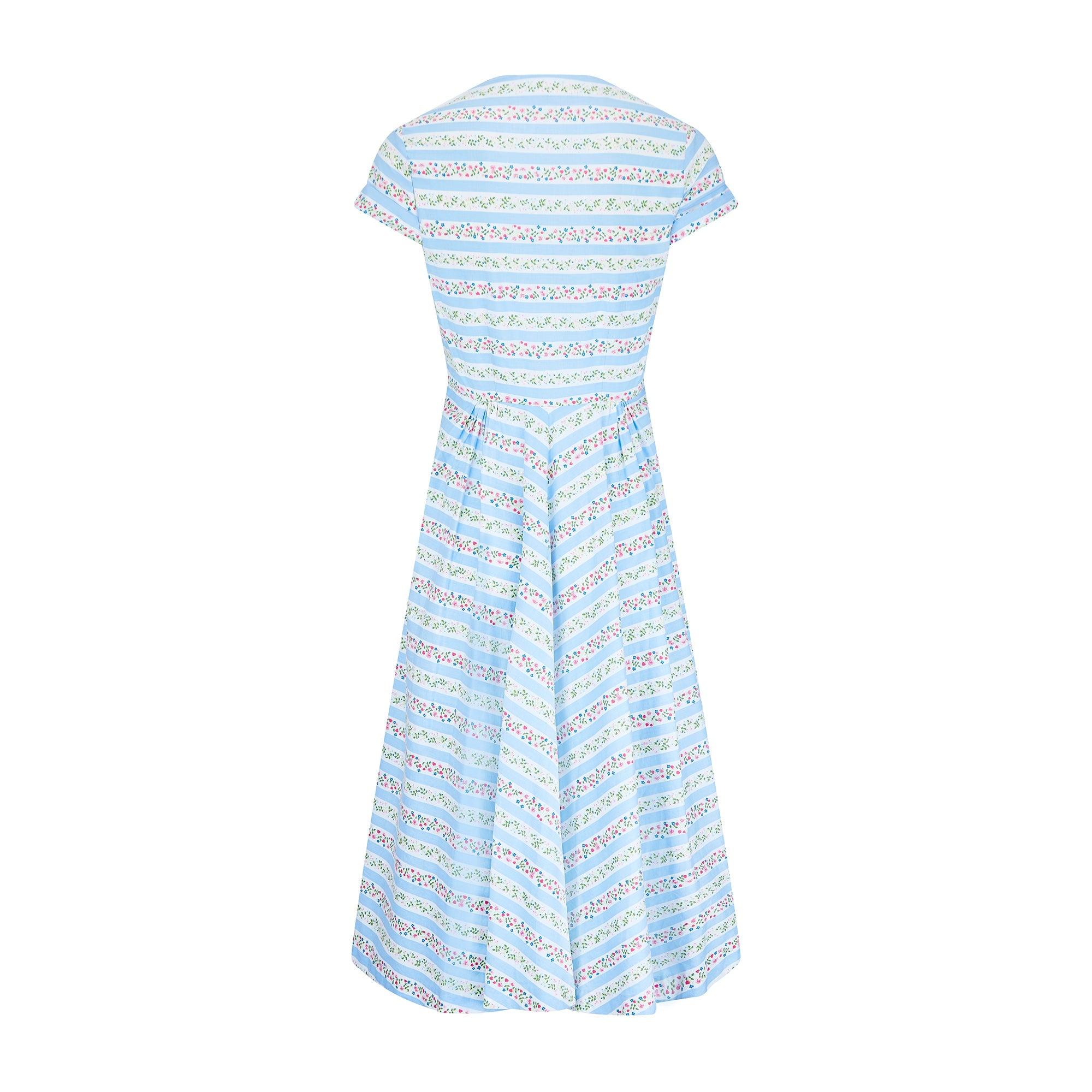 Blue 1950s Alice Edwards Floral Cotton Shirtwaister Dress For Sale