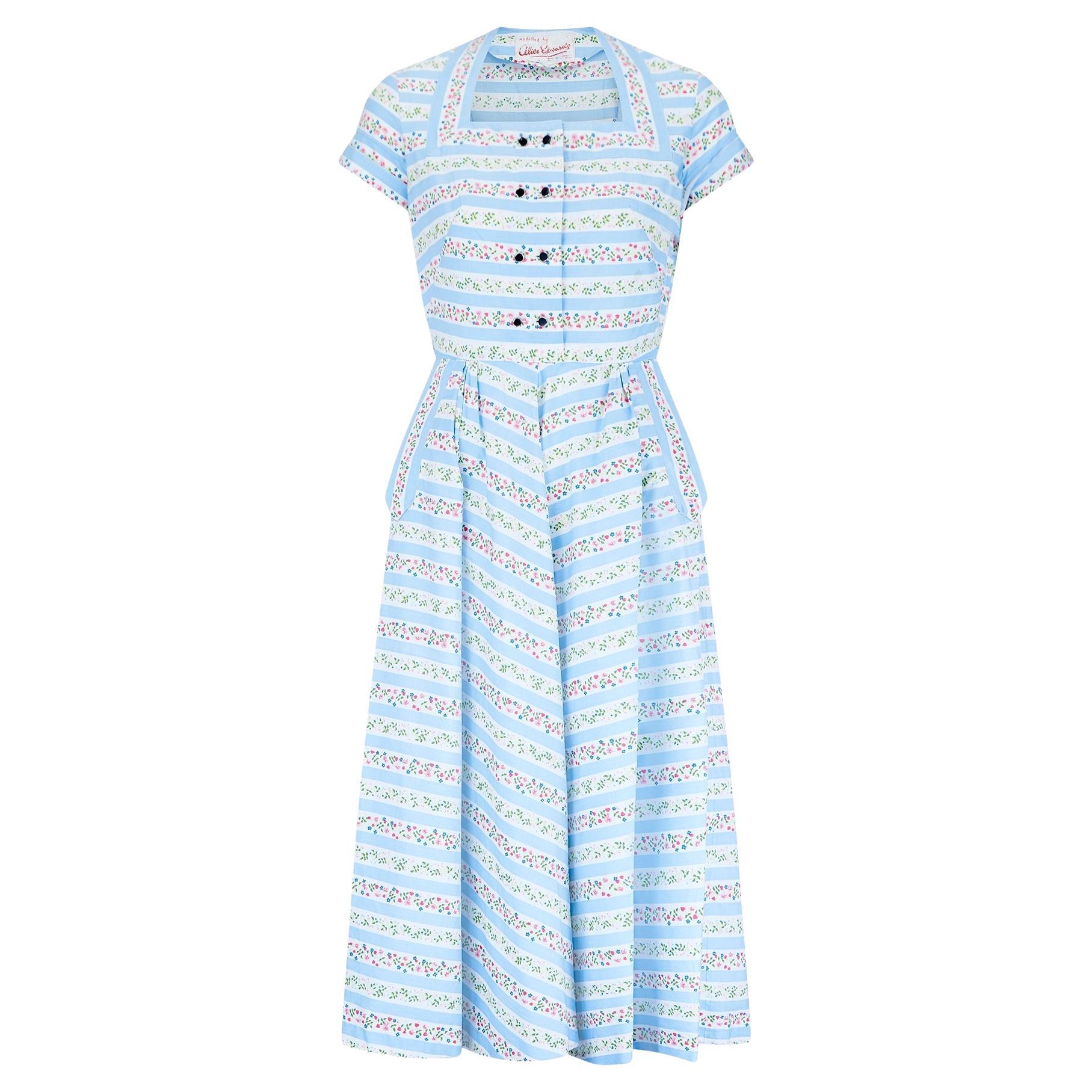 1950s Alice Edwards Floral Cotton Shirtwaister Dress For Sale