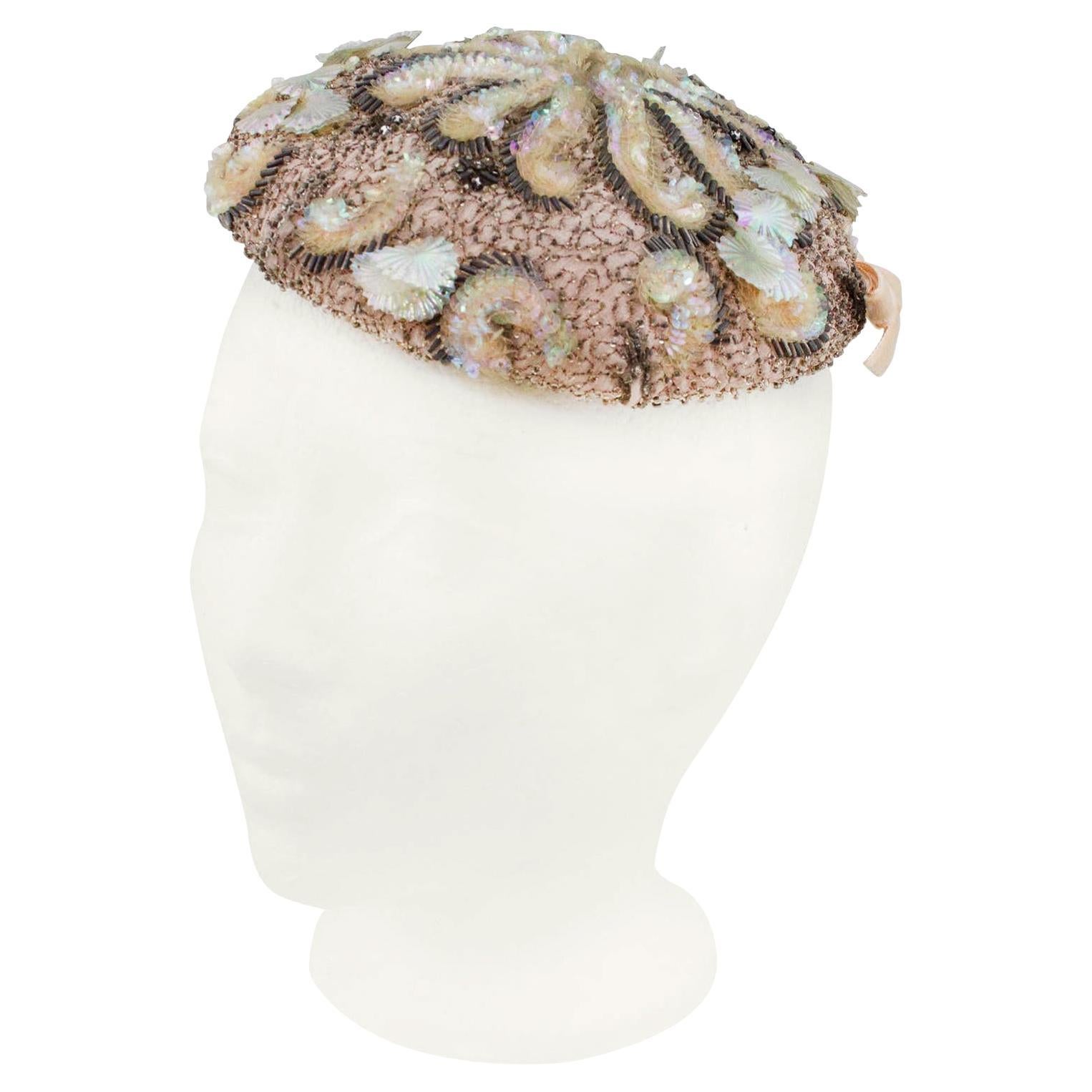 1950s Alice May Pale Pink Beaded Beret  For Sale