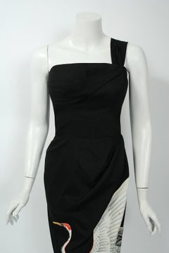 1950's Alix of Miami Crane Bird Novelty Applique Black Cotton One-Shoulder Dress
