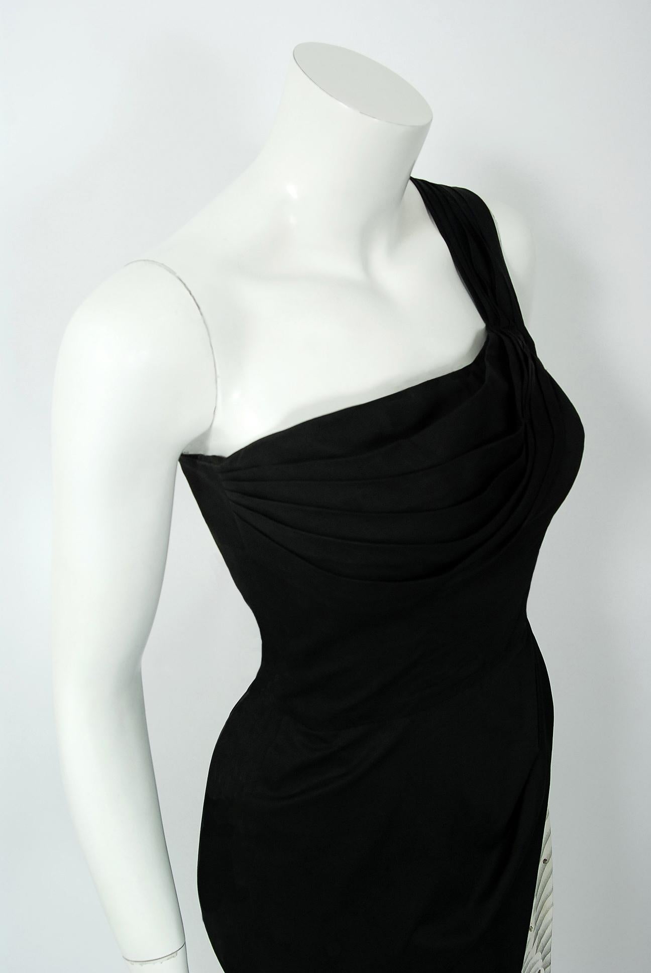1950's Alix of Miami Crane Bird Novelty Applique Black Cotton One-Shoulder Dress 3