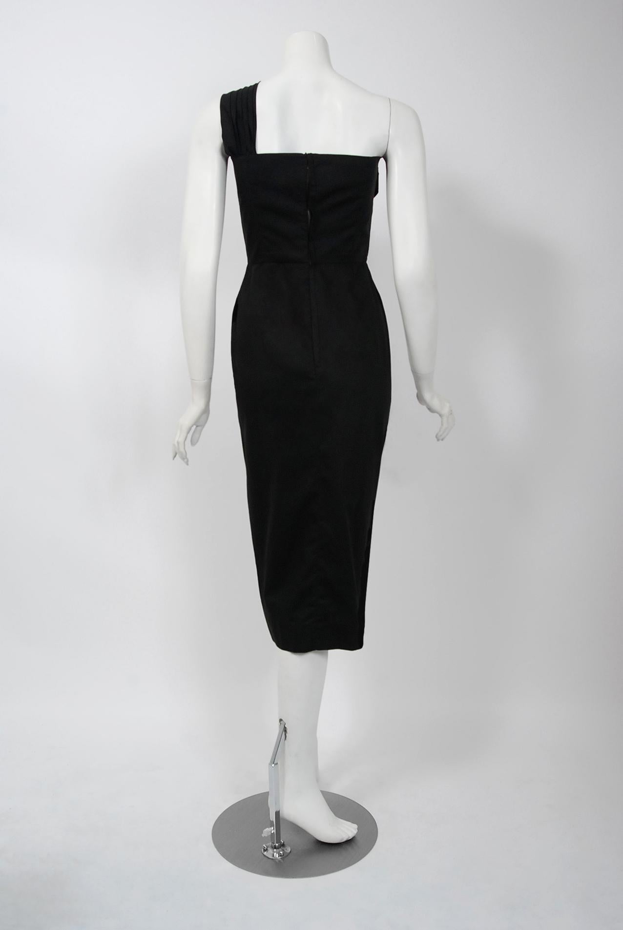 1950's Alix of Miami Crane Bird Novelty Applique Black Cotton One-Shoulder Dress 4