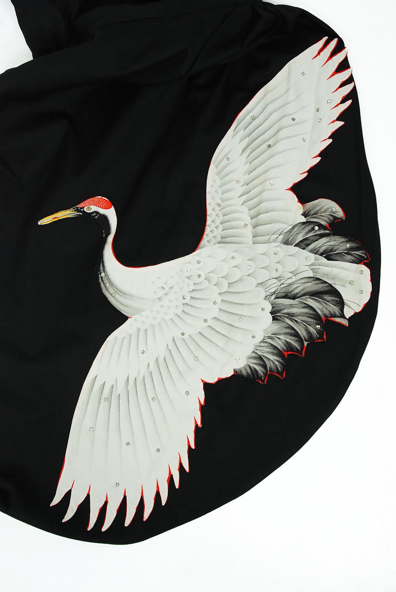 1950's Alix of Miami Crane Bird Novelty Applique Black Cotton One-Shoulder Dress 5