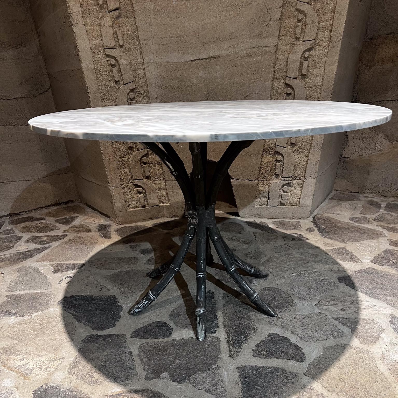 Mexican 1950s Aluminum Pedestal Marble Dining Table Faux Bamboo Mexico For Sale