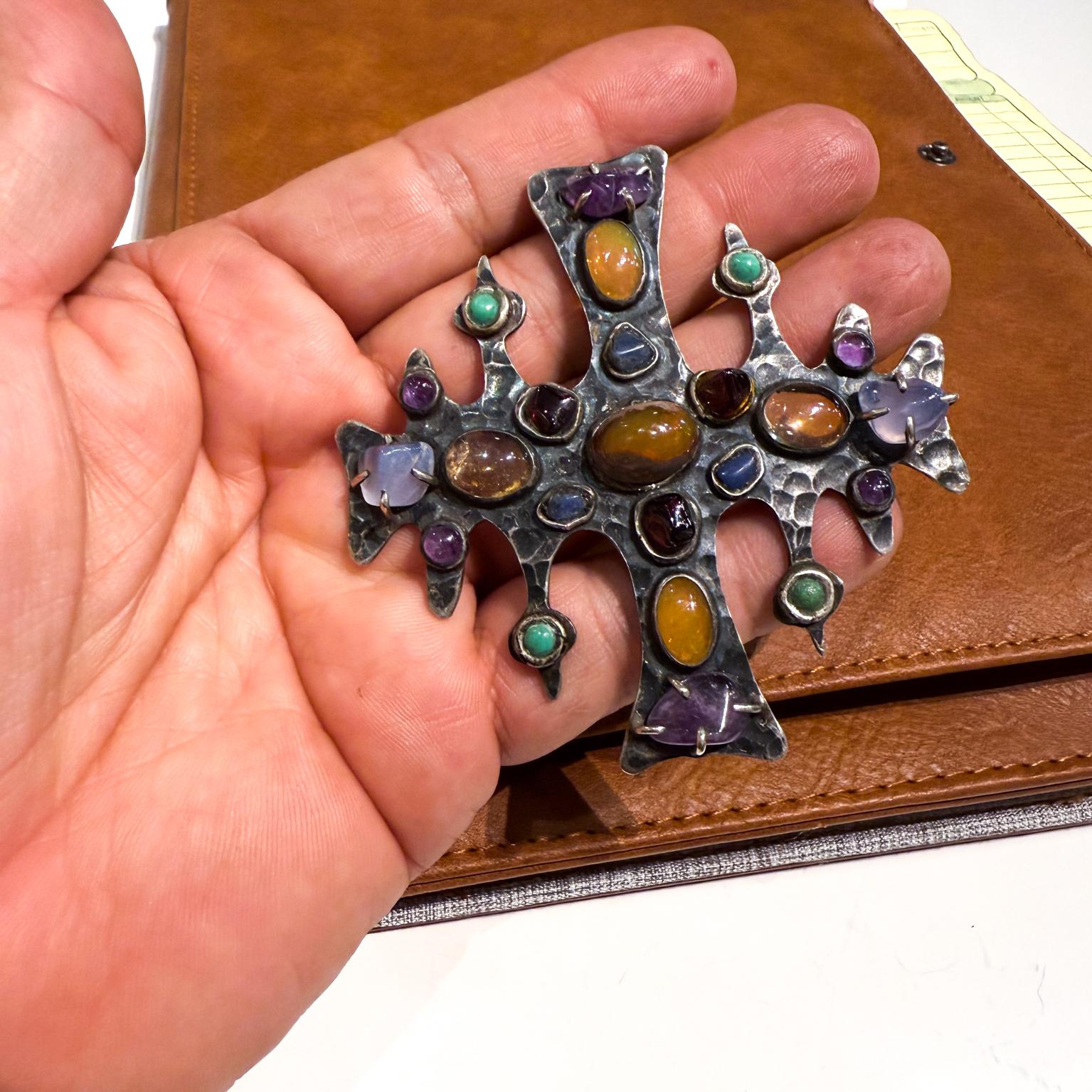 1960s Anna Morelli Silver Cross Multi Gemstone Brooch Taxco For Sale 2